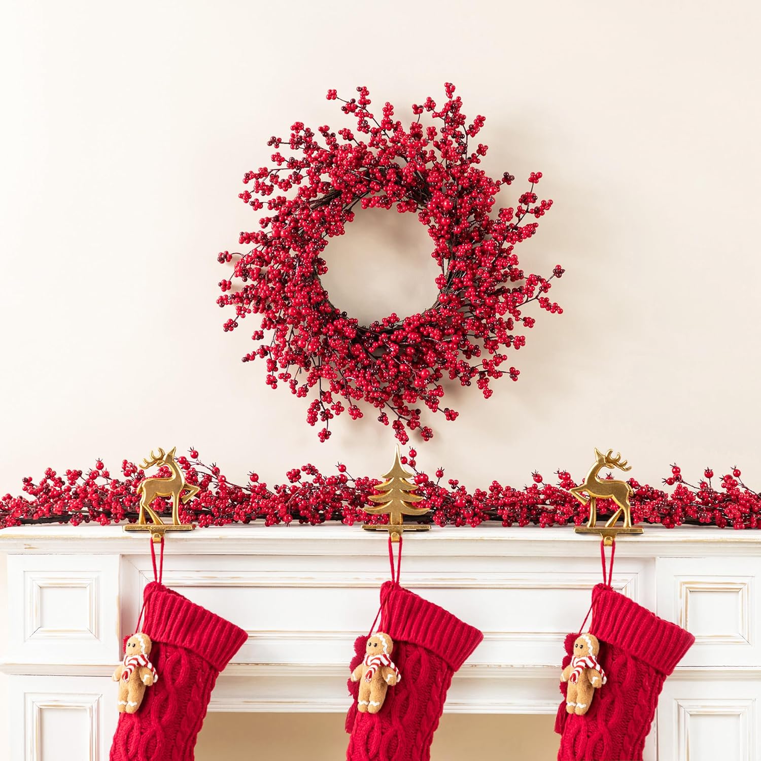 Glitzhome 25 Inch Christmas Wreaths for Front Door, Artificial Red Berry Wreath, Modern Farmhouse Wreath for Windows, Walls, Porch and Other Indoor and Outdoor Home Decor