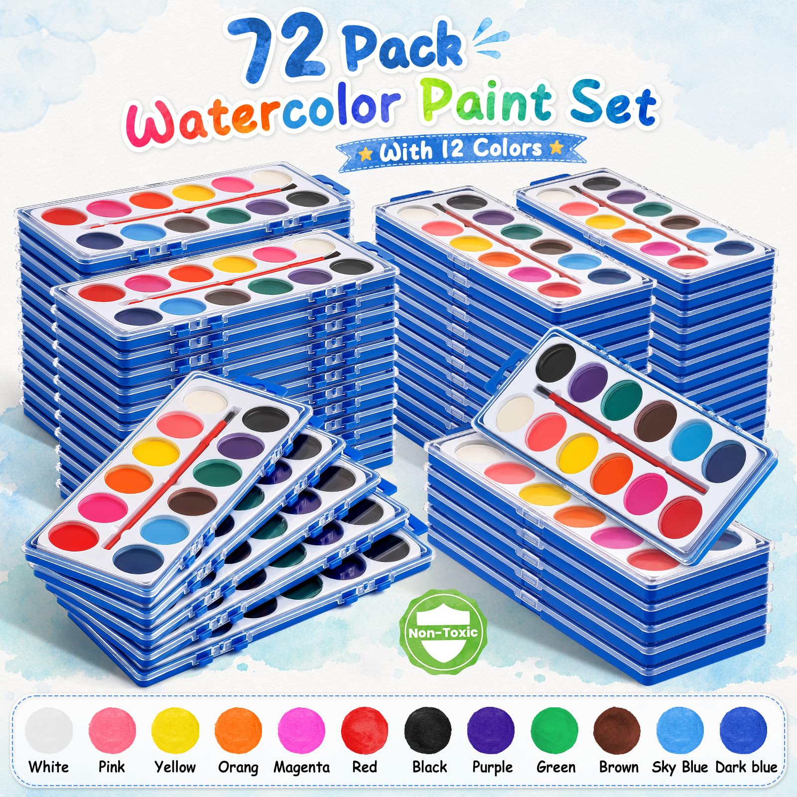 Set di 72 colori ad acquerello, lavabili per bambini, pittura ad acquerello con pennelli, regalo ideale per bomboniere, materiale scolastico e premi in classe, attività artistiche, 12 colori