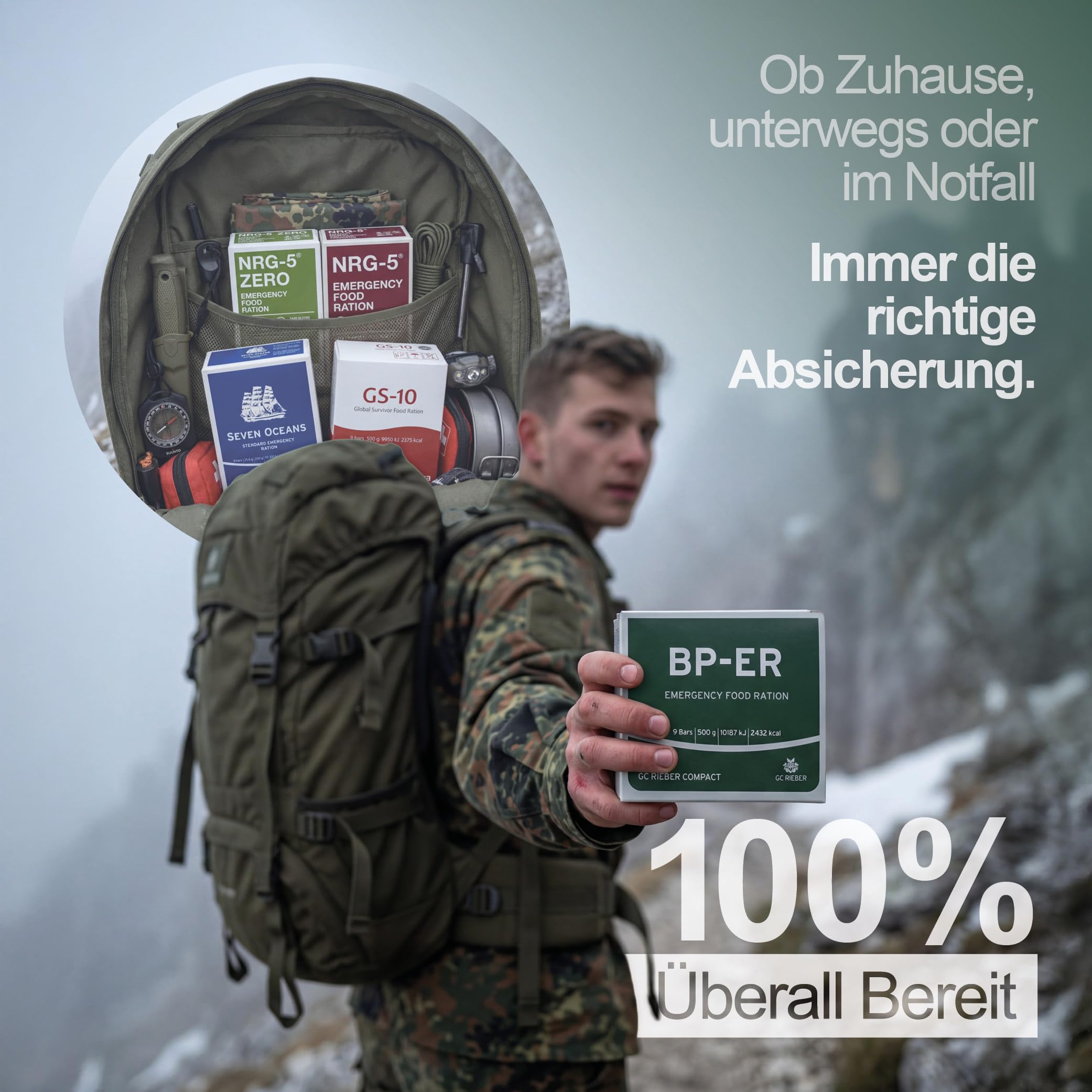 Notfallnahrung Testpaket BP-ER, NRG-5, Seven Oceans & GS-10 Notration + NRG-5 ZERO glutenfrei - Survival Food Set für Katastrophenschutz & Notvorrat Lebensmittel - Langzeitnahrung 20 Jahre genießbar