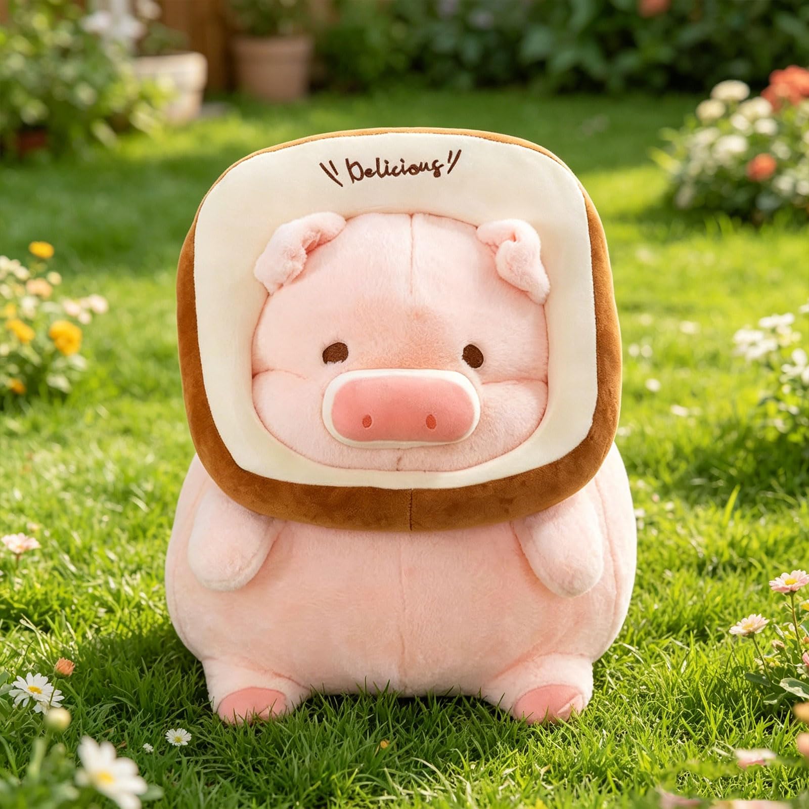 Rundes Toast Schwein Plüschtier, 30/35/45cm rosa Schwein Kuscheltier mit abnehmbarem Brotkranz und Delicious Stickerei, lustiges Ferkel Stofftier für Kinder, als Dekokissen und Geschenk (45 cm)