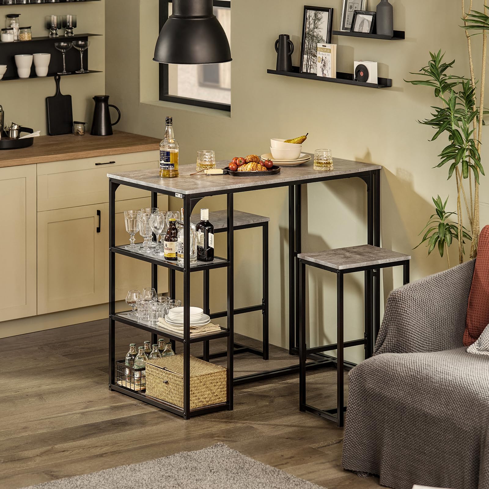 SoBuy Ensemble de Meubles de Balcon Lot de 3 Tables + 2 tabourets, Table Haute 3 étagères Gris OGT43-HG