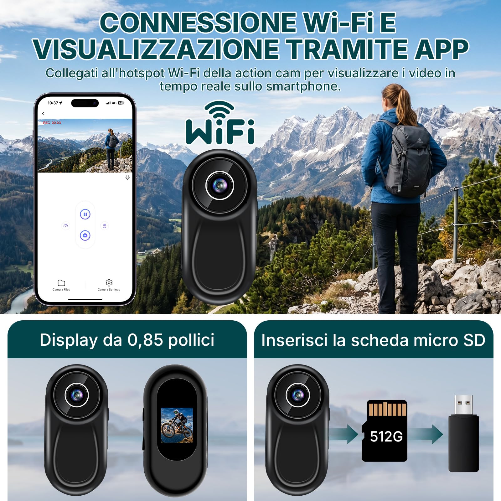 Action Camera Wi-Fi 2K, Mini Action Cam, Action Camera Tascabile | Action Camera da Casco con Attacco Magnetico e Display da 0,85 Pollici per Casco e Bicicletta, WiFi, Nera