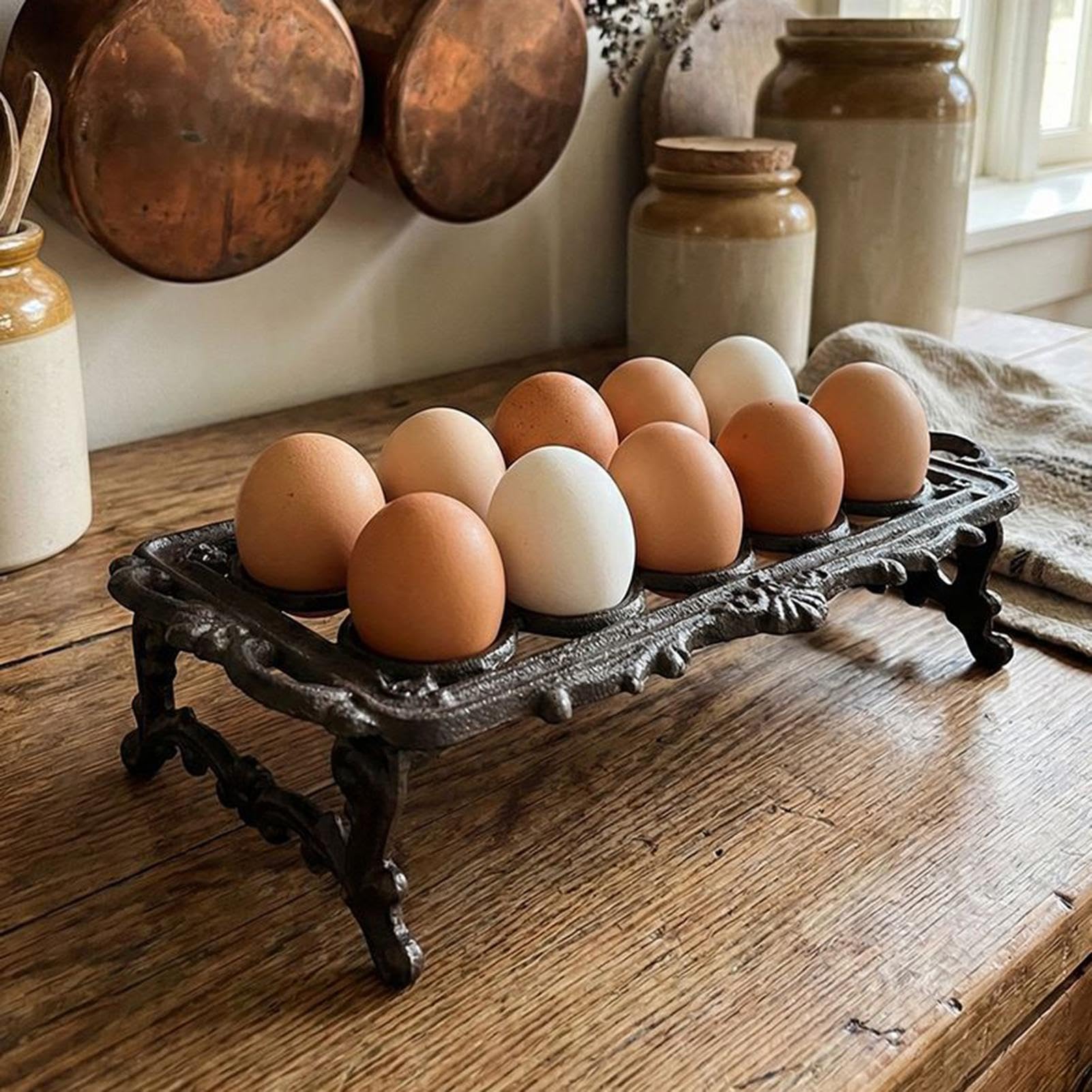 Soporte para huevos para encimera, retro, decoración del hogar | Robusto soporte para huevos de hierro fundido | Para encimera, mostrador, cocina, dormitorio, restaurante, granja, Navidad, Pascua