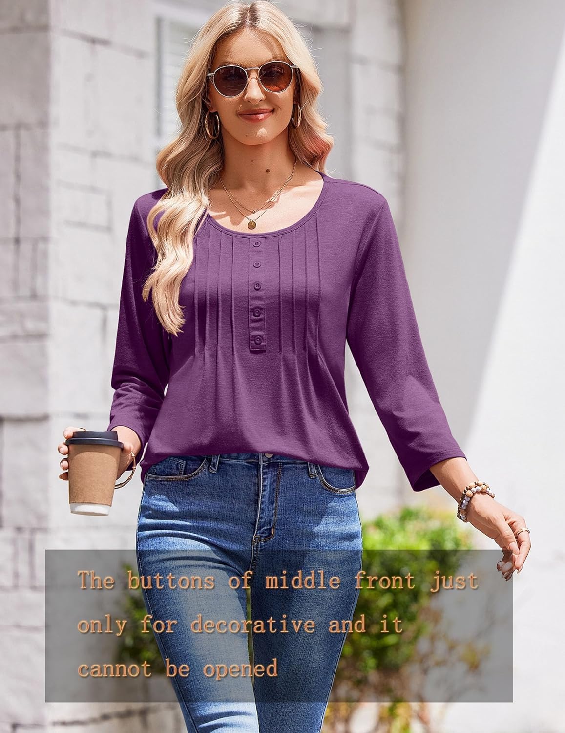 Zeagoo 3/4 Length Sleeve Womens Tops Round Neck Casual Summer Tunic Tops Basic Tees Blouses Dressy T-Shirts Pleated Shirts - Image 5