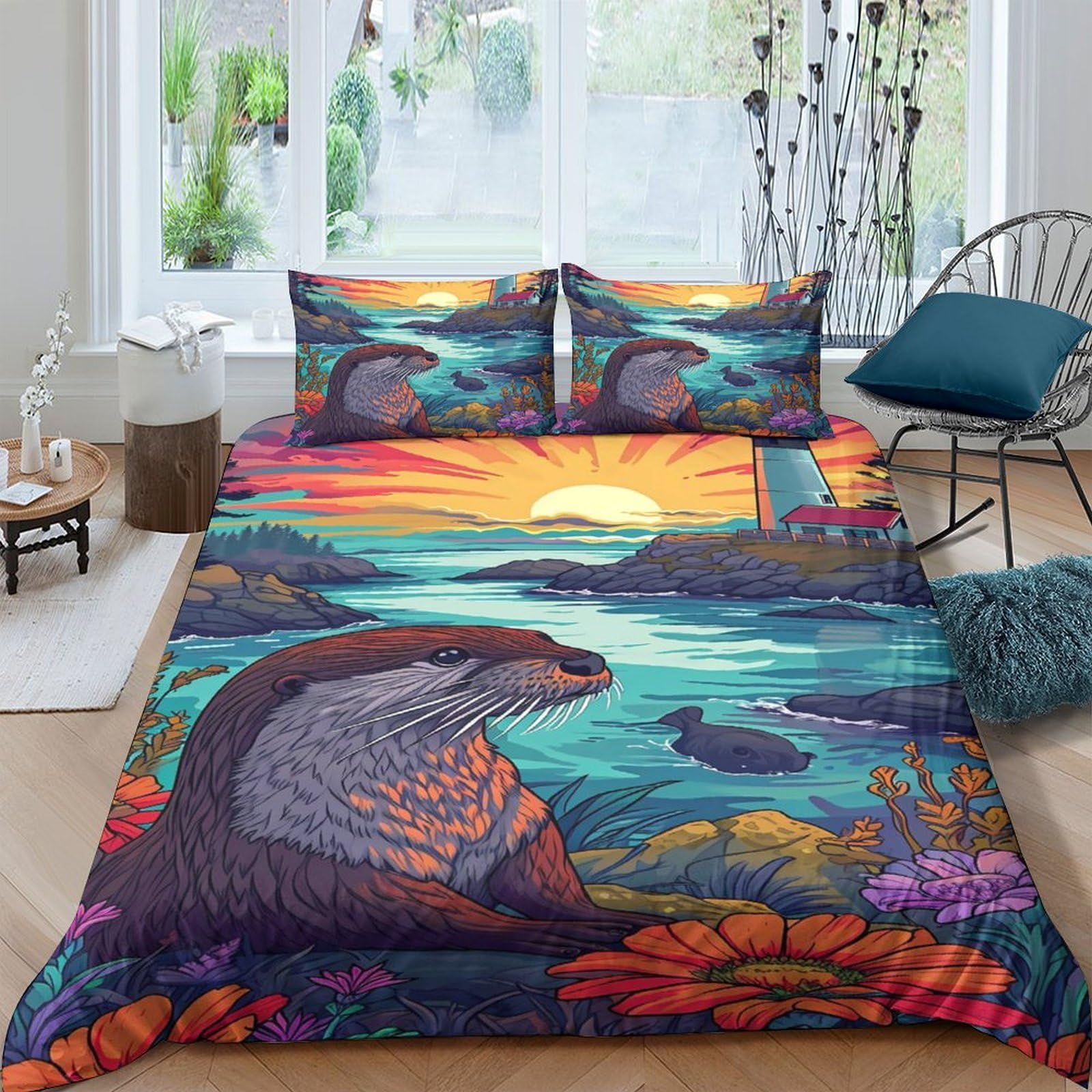 Ctjqhvkz Style-4 3D Printed Otter Sunset Fitted Sheet Microfiber Soft Bed Cover Ocean Landscape For Home Bedroom Guest Room Decor Single（135X200cm）