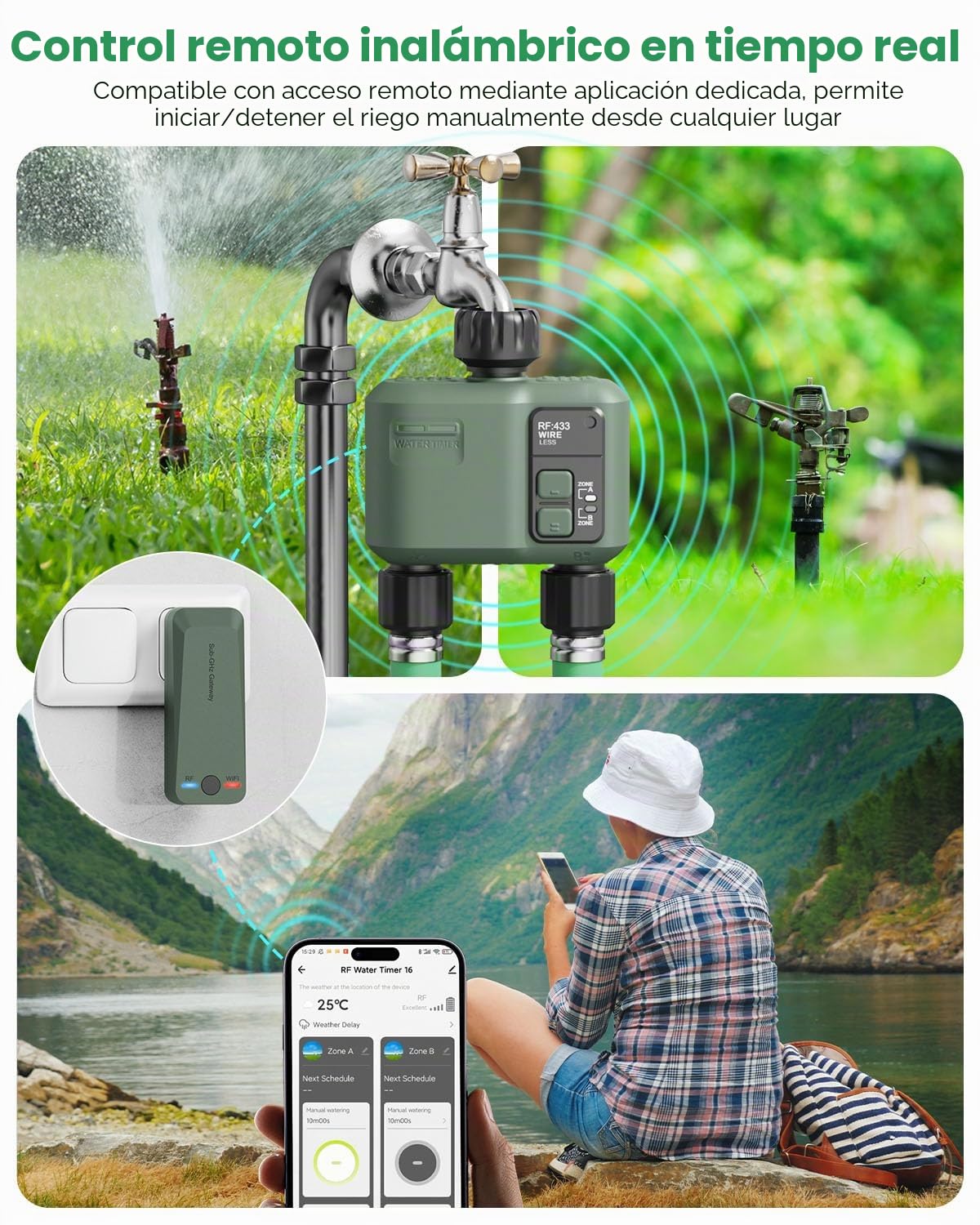 2PCS Programador de Riego WiFi+RF433 2 Salidas Automatico y en Poco Tiempo Flexible Temporizador con Riego Retrasado por Lluvia para Mangueras Jardin
