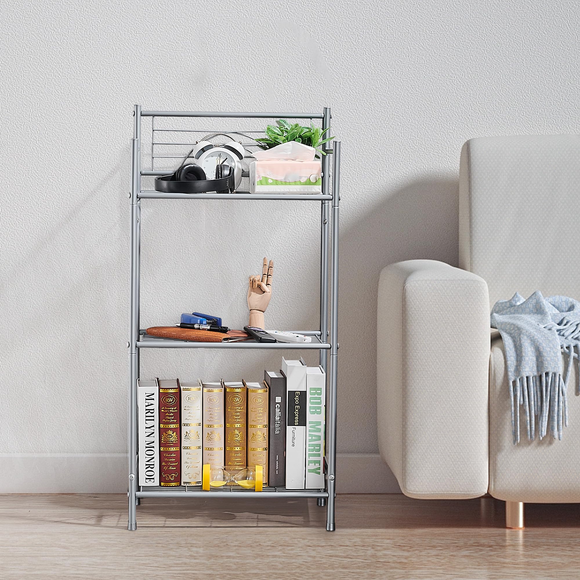 Scaffale Bagno Organizzatore di Scaffali in Metallo 3 Ripiani Scaffale Cucina Salvaspazio Portasciugamani da Terra per Bagno, Cucina, Soggiorno Grigio