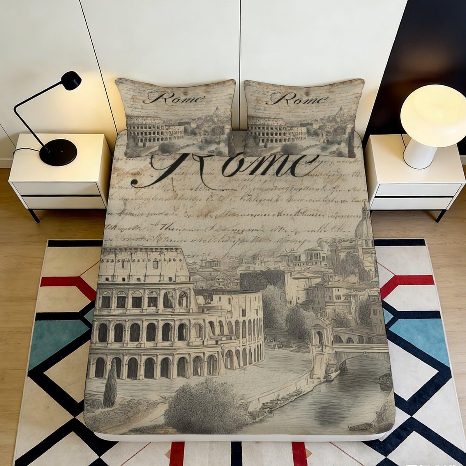 3D Printed Rome Colosseum Fitted Sheet Microfiber Soft Anti-Slip Mattress Cover for Bedroom Guest Room Easy Care 140x200x25cm