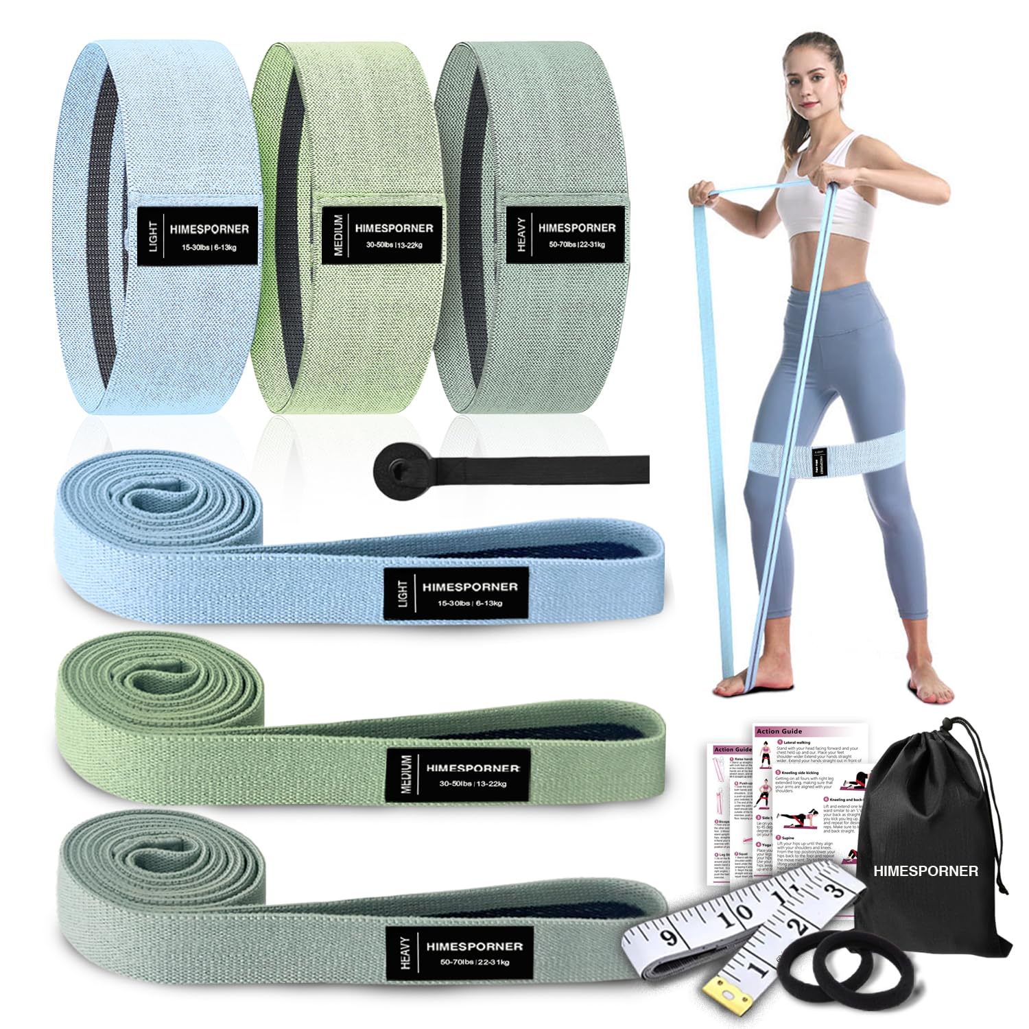 9 PCS Fabric Resistance Bands Set for Working Out, Non-Slip Exercise Booty Bands for Women & Men Leg and Glutes with Hair Ties and Tape Measure - for Home Gym Workout, Yoga, Pilates