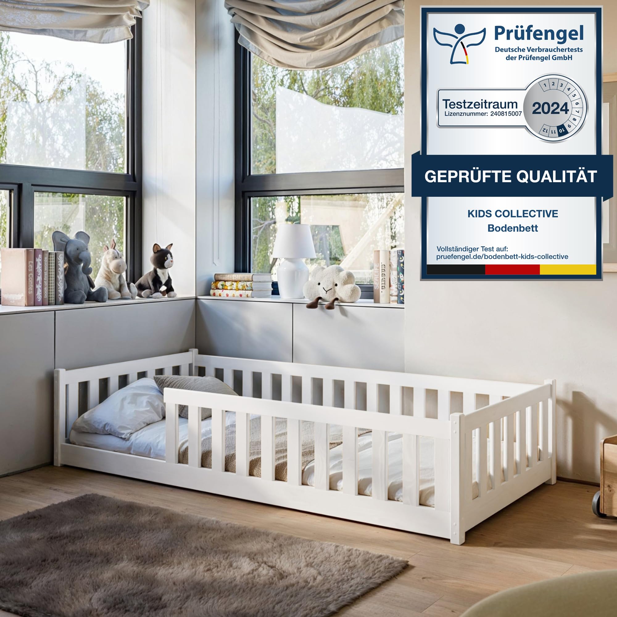 Kids Collective Kinderbett Bodenbett 80x160 cm mit Rausfallschutz & Lattenrost Montessori Bett Bed Gitterbett Kinder Jugendbett Einzelbett | weiß | von 3. bis 10. Lebensjahr