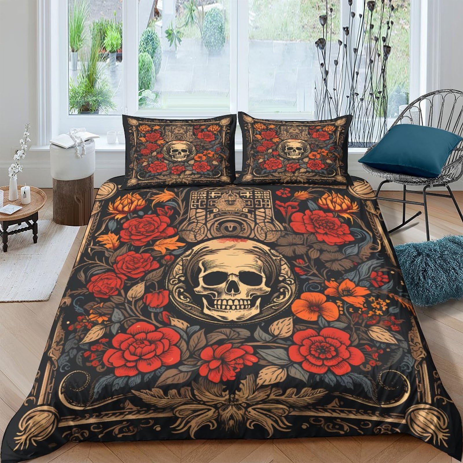 Housse de couette crâne rose 3D 200x200 cm avec taies d'oreiller pour lit double