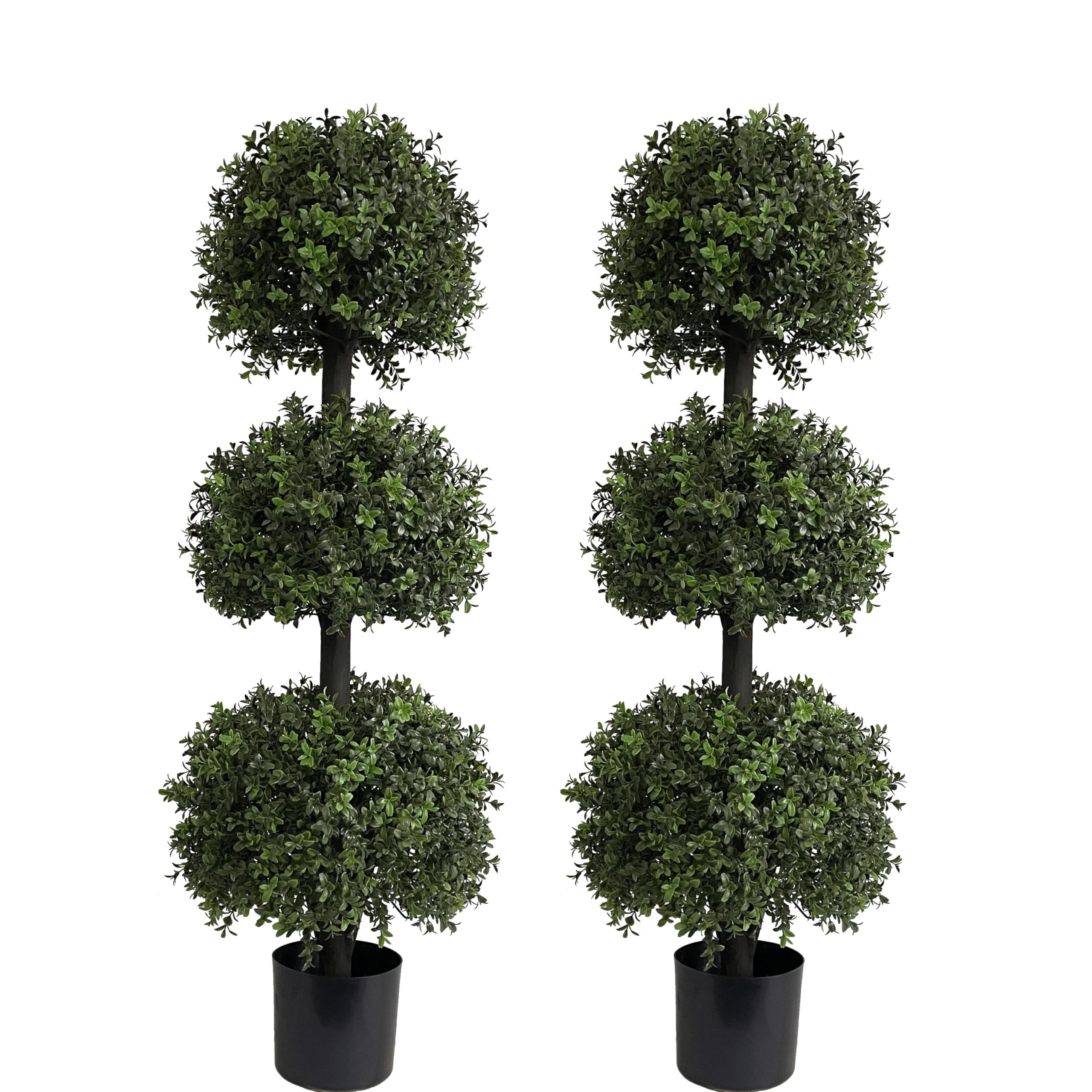 ALL SEASON GREEN 4ft Artificial Outdoor Plants, Triple Ball Boxwood Topiaries,UV Resistant, Faux Trees Outdoor Porch Decor 2Pack