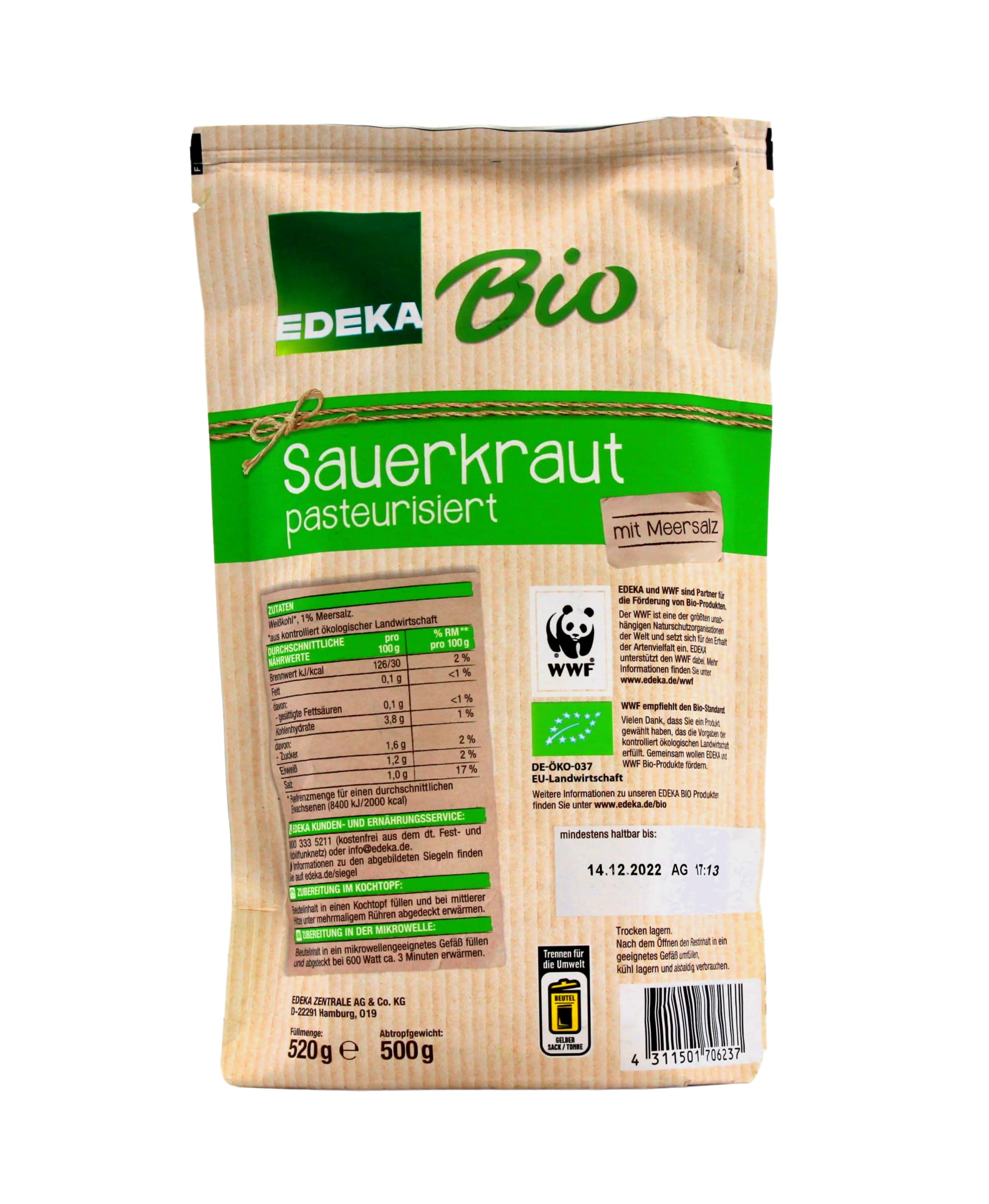 Edeka Bio Sauerkraut pasteurisiert mit Meersalz, 7er Pack (7 x 500g)