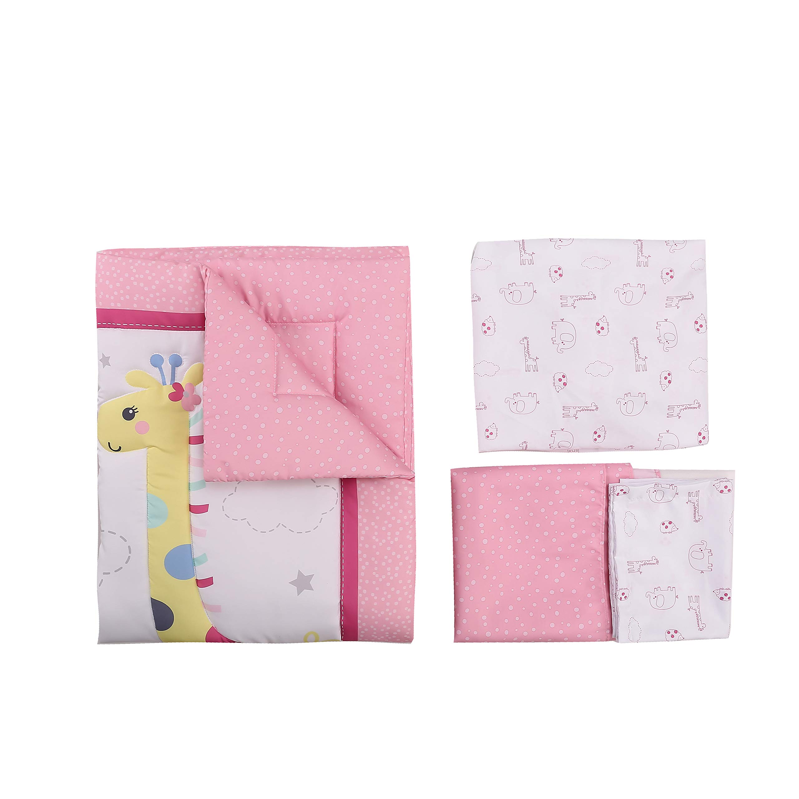 Brandream - Juego de cama para cuna de bebé para niña, diseño de animales de la selva con edredón, sábana bajera ajustable, falda de pañales, estampado de pájaro, jirafa de elefante, 4 piezas