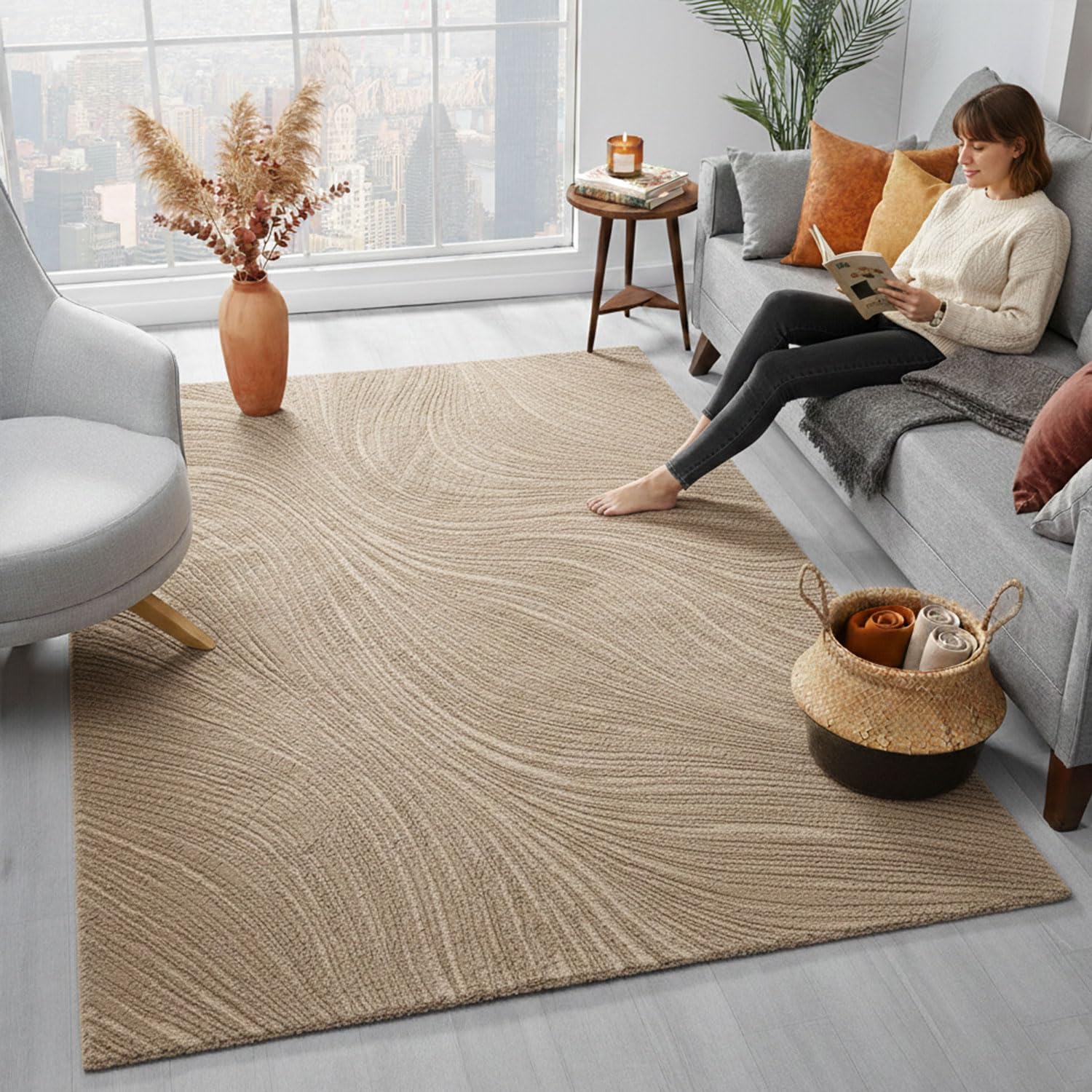 VIMODA Teppich Wohnzimmer Teppich Schlafzimmer, Flur, küche Kurzflor Boho Design Unifarbe Hoch-Tief-Effekt Modern 3D Weich,Maße:200 x 290 cm;Farbe:Taupe