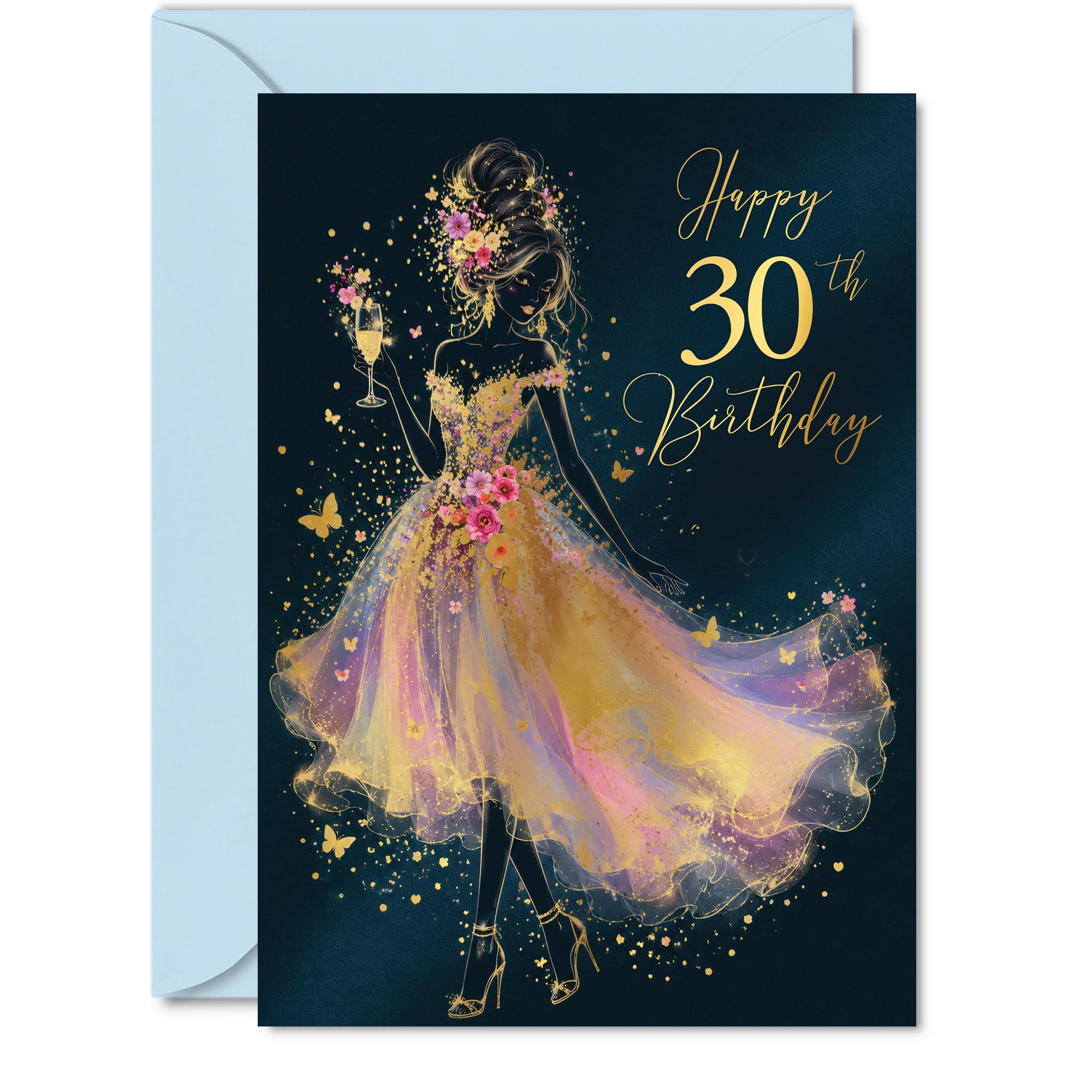 Milestone 30th Birthday Card - Raise a Glass to 30 - Glamorous Woman in a Shimmering Ball Gown with Champagne and Butterflies - 5X7 Inch, Envelope Included