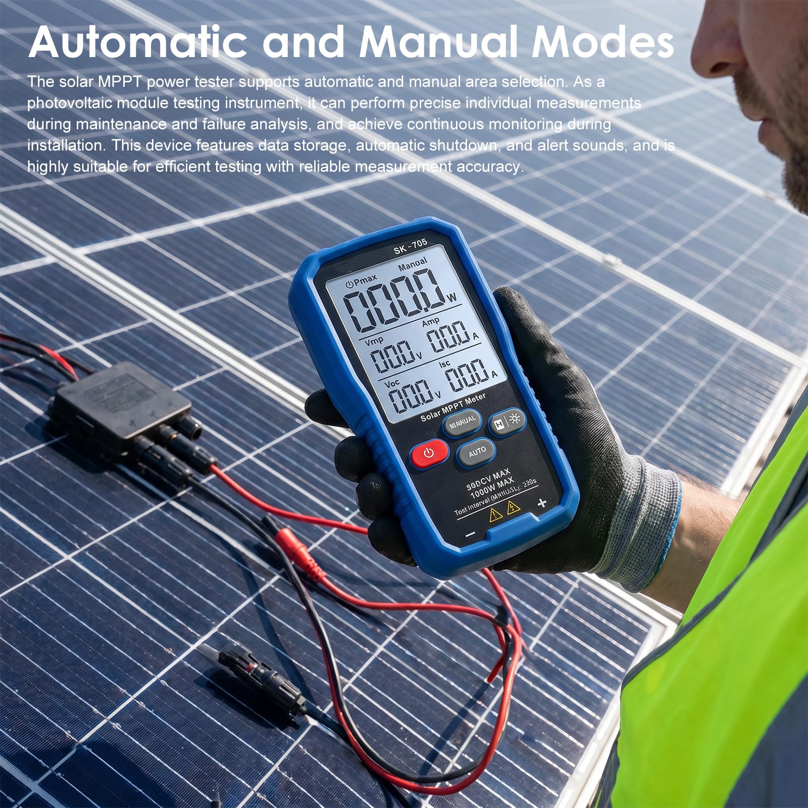 SK-705 Solar MPPT 1000 W Tester di potenza per moduli fotovoltaici, tester PV portatile con LCD da 3,2", misurazione automatica e manuale, Voc Isc Vmp Pmax