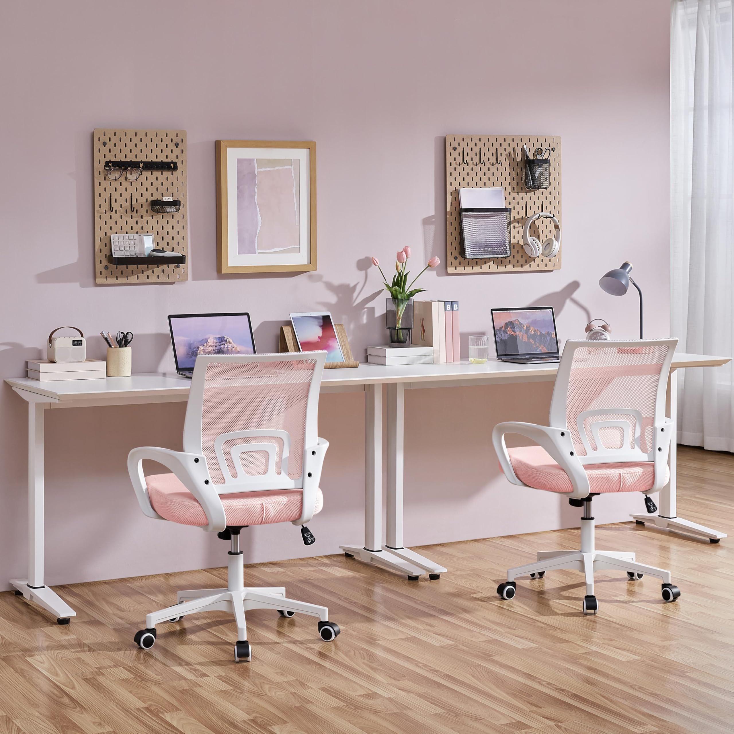 Yaheetech Bürostuhl Ergonomisch, Schreibtischstuhl mit Netzbespannung und Armlehnen, Drehstuhl aus Mesh, Chefsessel Wippfunktion, Höhenverstellbar Rückenschonend bis 136kg Belastbar, Rosa