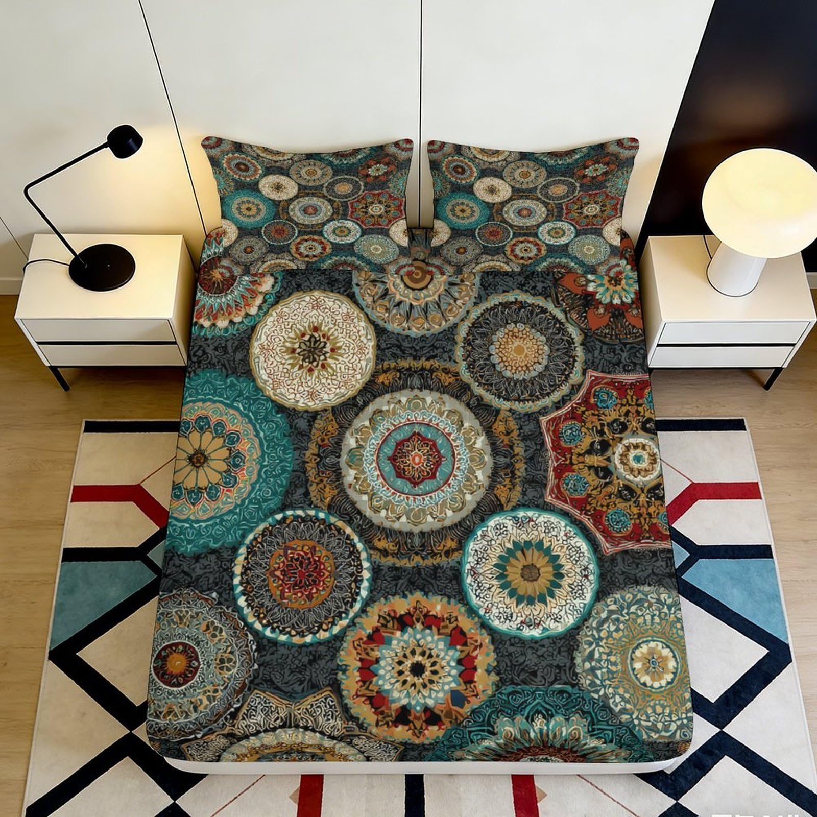 3D Printed Mandala Boho Fitted Sheet Microfiber Soft Breathable Moroccan Mosaic Mattress Cover for Bedroom Guest Room Decor 160x200x25cm