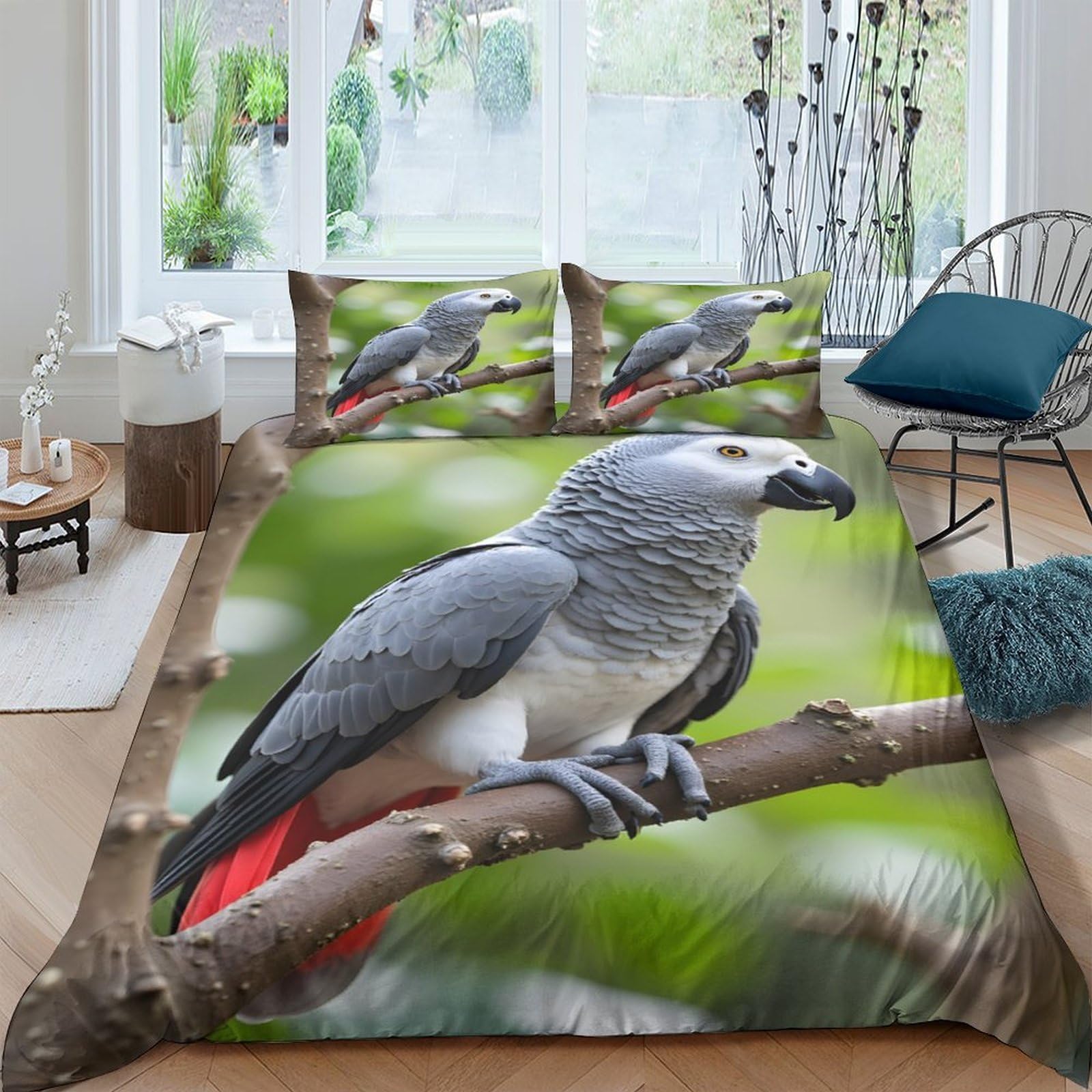 Ctjqhvkz Style-1 3D Printed African Grey Parrot Fitted Sheet Microfiber Soft Breathable Bird Forest Bed Cover For Bedroom Decor Single（135X200cm）