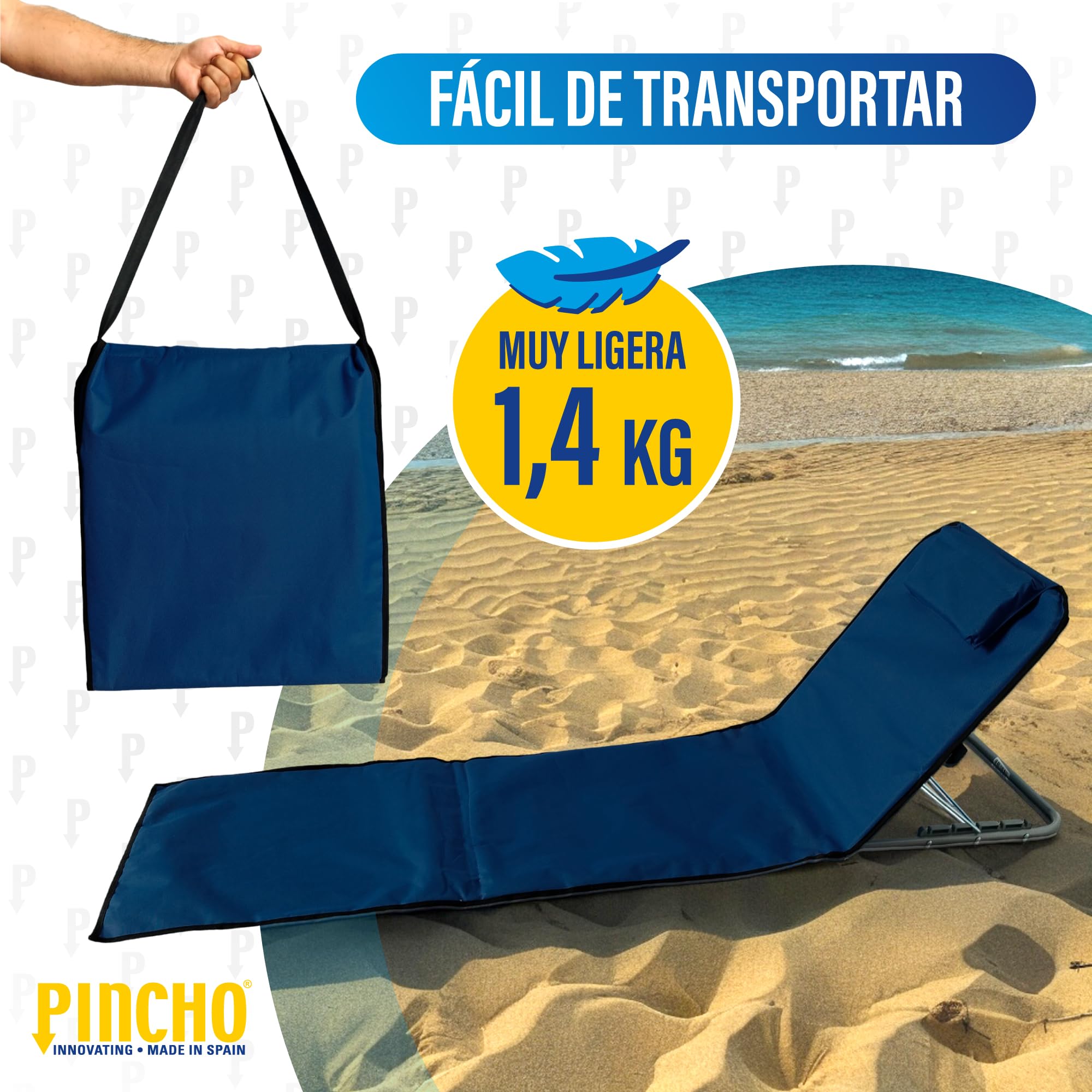 Pincho Esterilla de Playa Plegable con Respaldo Ajustable – Tumbona Portátil Ligera para Camping, Jardín y Piscina – Alfombra de Playa con Respaldo Ergonómico y Fácil Transporte (Marino x 1)