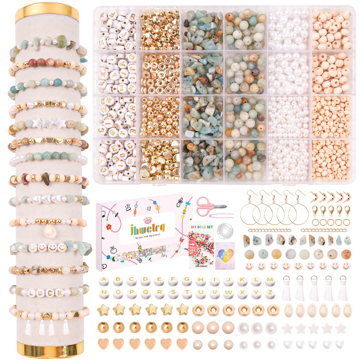 JHWELRG Natürliche Amazonit Edelsteinperlen Set,Perlen für Armbänder Selber Machen mit Anhänger Buchstabenperlen zum Basteln DIY Armband Schmuck,Halsketten- Geschenke für Kinder Erwachsene