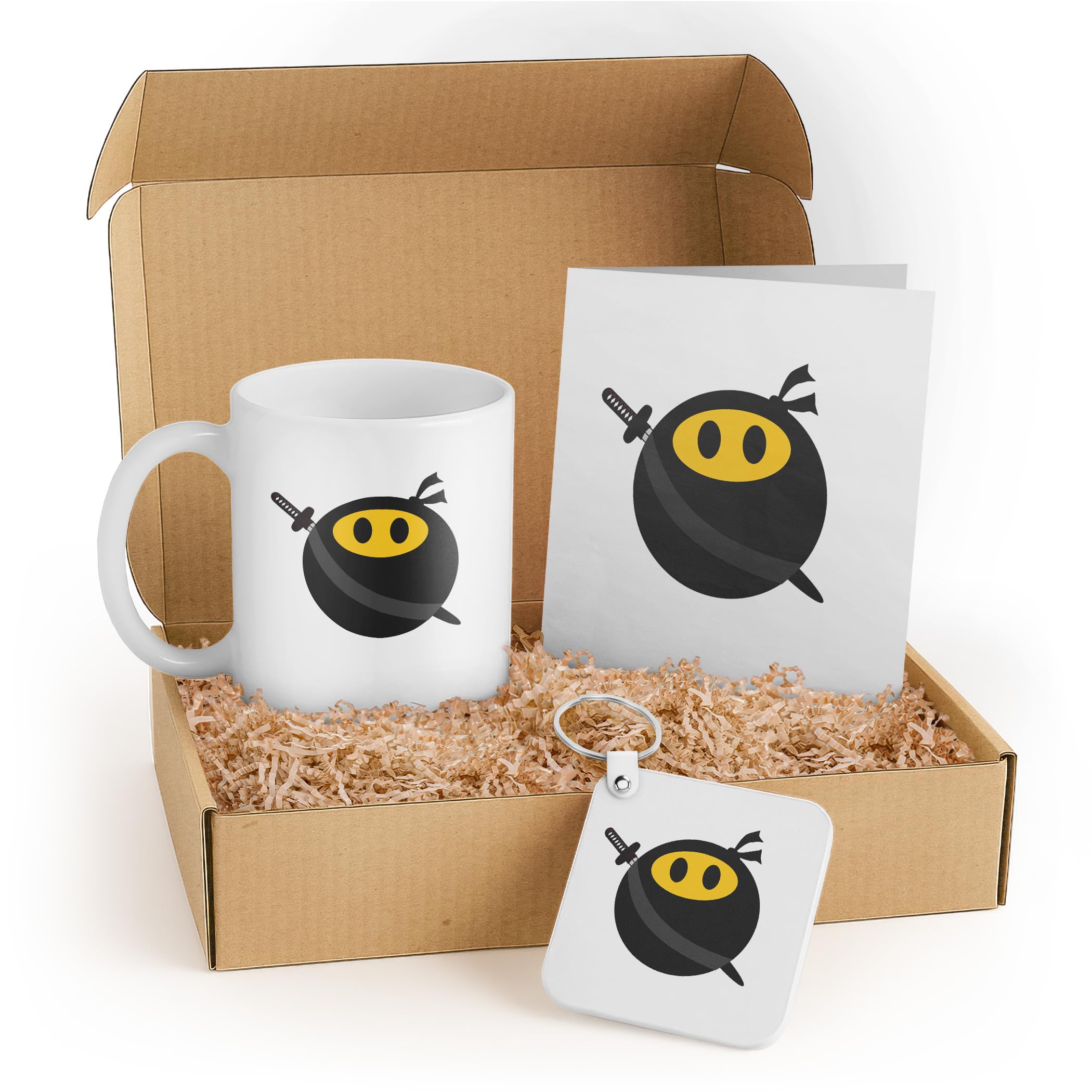 3dRose Funny Ninja Gift Set with Mug, Card, and Keychain - Cute Ninja with Yellow Eyes - Perfect Birthday Novelty Gift for Friends