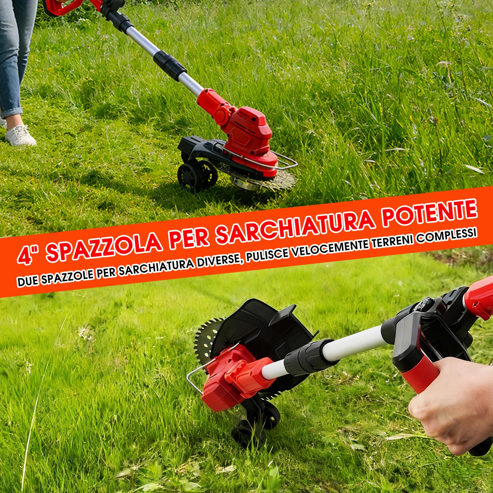 Rasaerba elettrico a batteria, Decespugliatore con 1 batterie da 21 V 4,0 Ah, manico telescopico regolabile, tosaerba a 3 lame, decespugliatore a batteria per giardinaggio