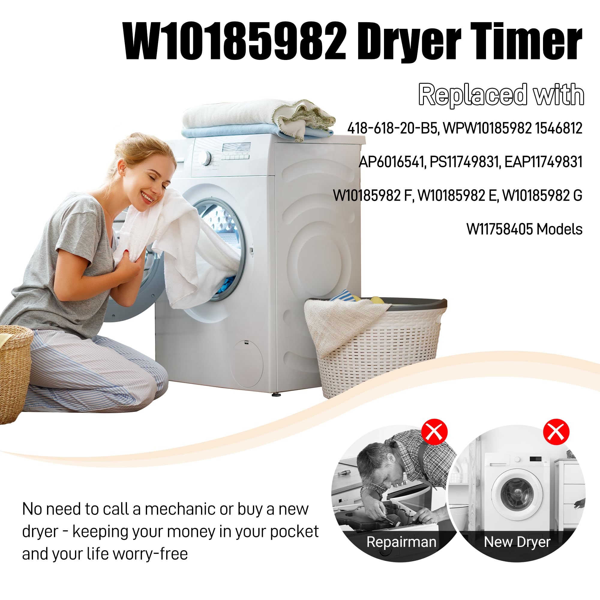 Temporizador de secadora W10185982 compatible con temporizador de secadora Whirlpool 7MWED1800EM0, YWED5200VQ1, WGD4800XQ0, repuesto OEM para W10185982, PS11749831, WPW10185982VP, 1 año de