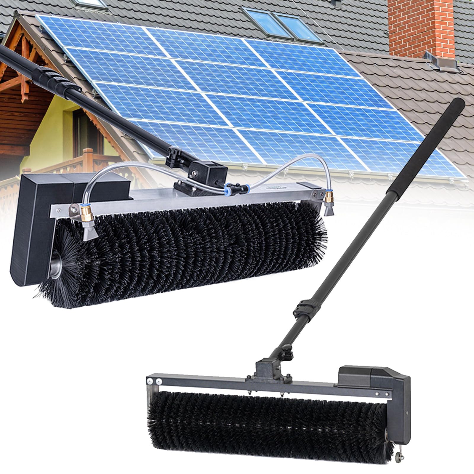 AYCDL Solar Panel Cleaning Brush with Telescopic 3.5-7.5m Pole, Water-Fed Window Washing Kit, Automatic Roller Brush for Solar Panels, Roofs, and Windows, Lithium Bat,Mains-3.5m