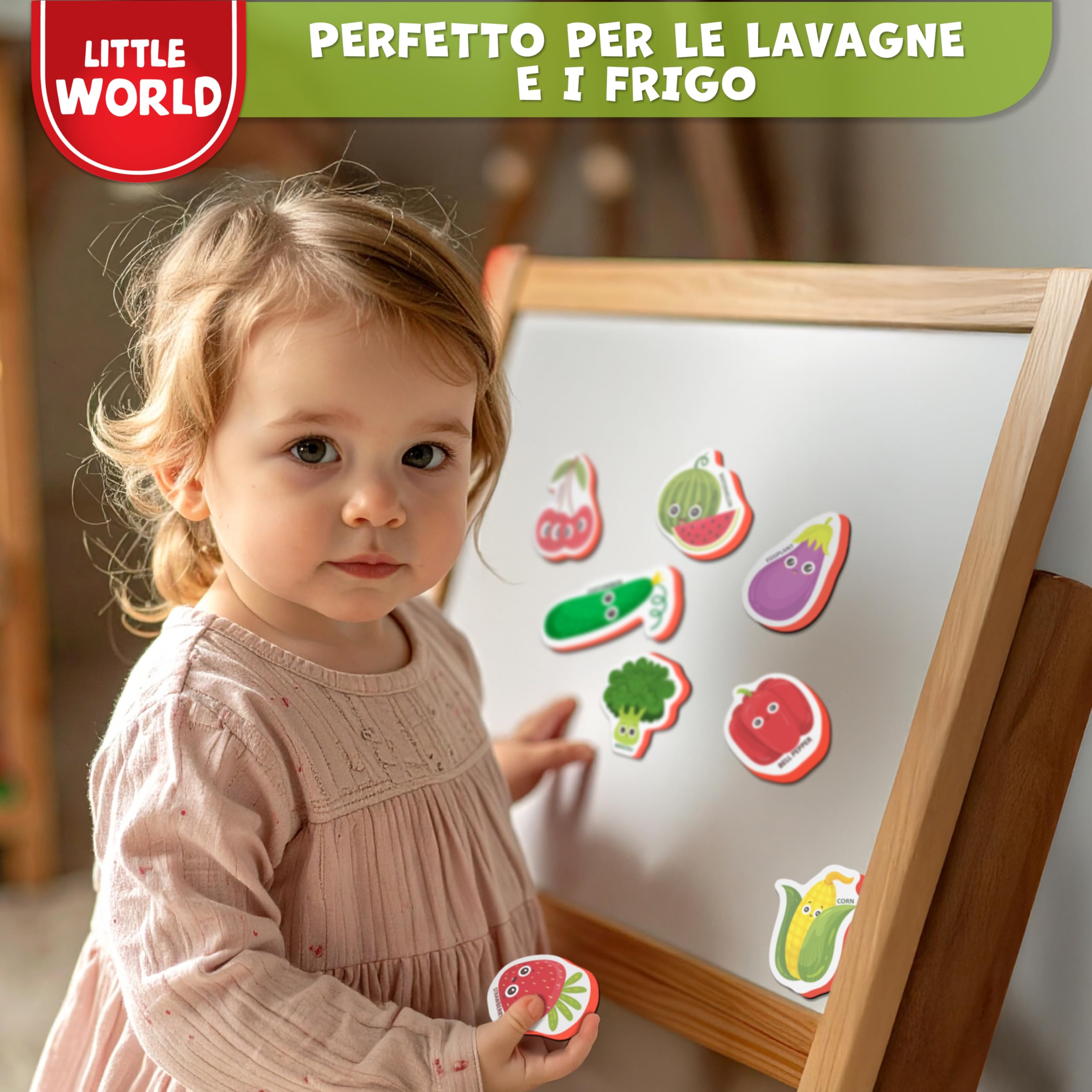 Little World 25 magneti da frigo per bambini da 1 a 3 anni, sicuri, durevoli, impermeabili, in schiuma, con scatola regalo colorata, magneti atossici per frutta e verdura, per bambini e neonati