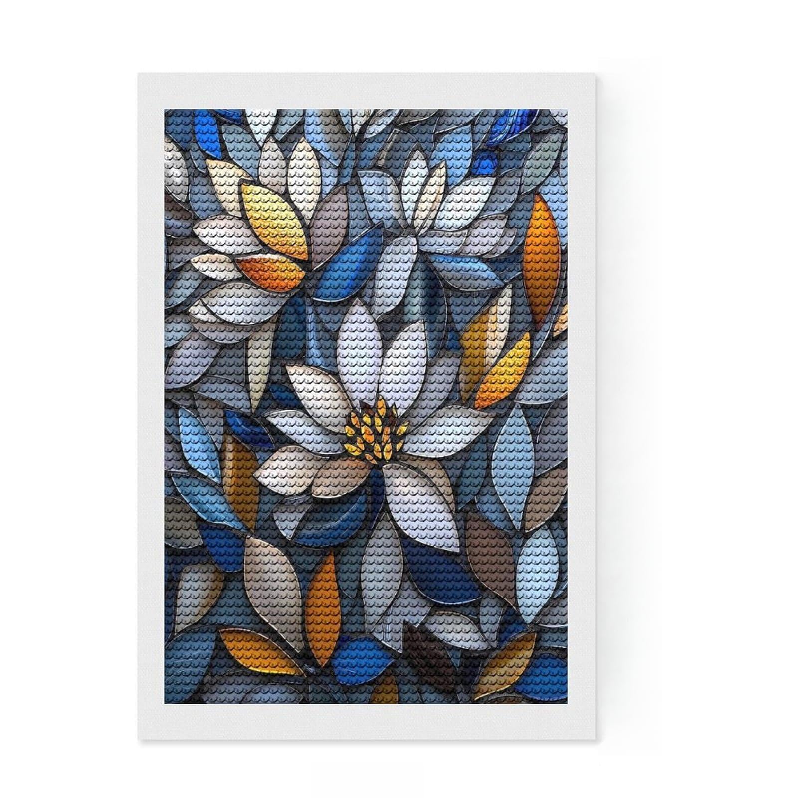 Junmoney Stained Glass Floral Mosaic DIY Diamond Art Canvas Kit 8"x12", Sparkling Round Gems, Adhesive Canvas, Office Decor, Holiday Gift Idea