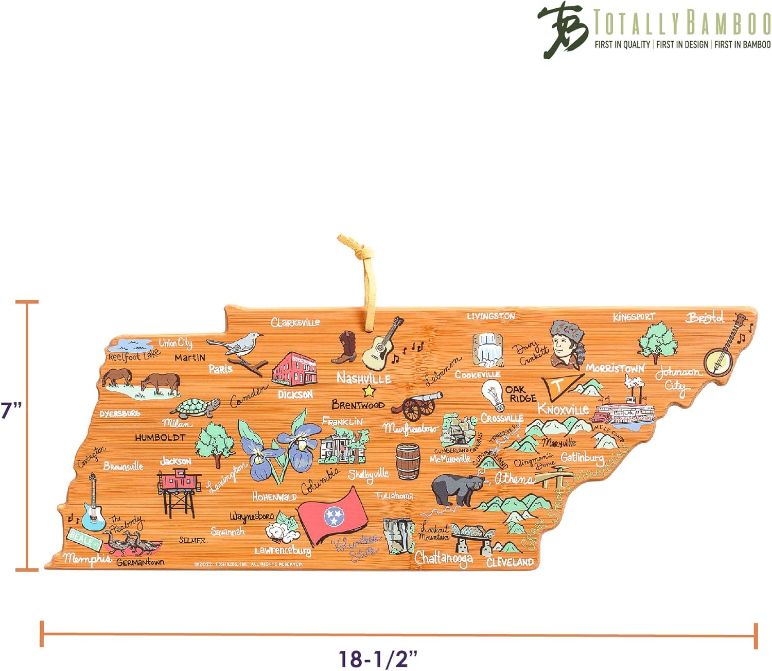 Totally Bamboo Tennessee State Shaped Cutting Board and Charcuterie Serving Platter with Artwork by Fish Kiss, Includes Hang Tie for Wall Display - Image 7