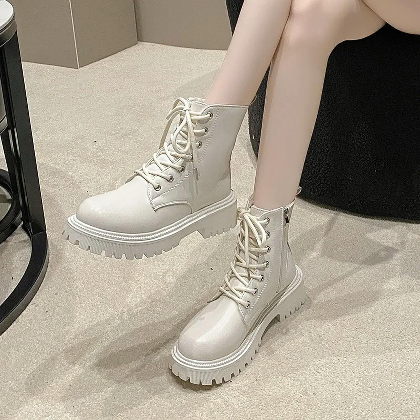 Botas de Nieve para Mujer Otoño E Invierno De Peluche Botas De Motocicleta con Suela Gruesa Botas De Nieve con Cremallera Cómodas