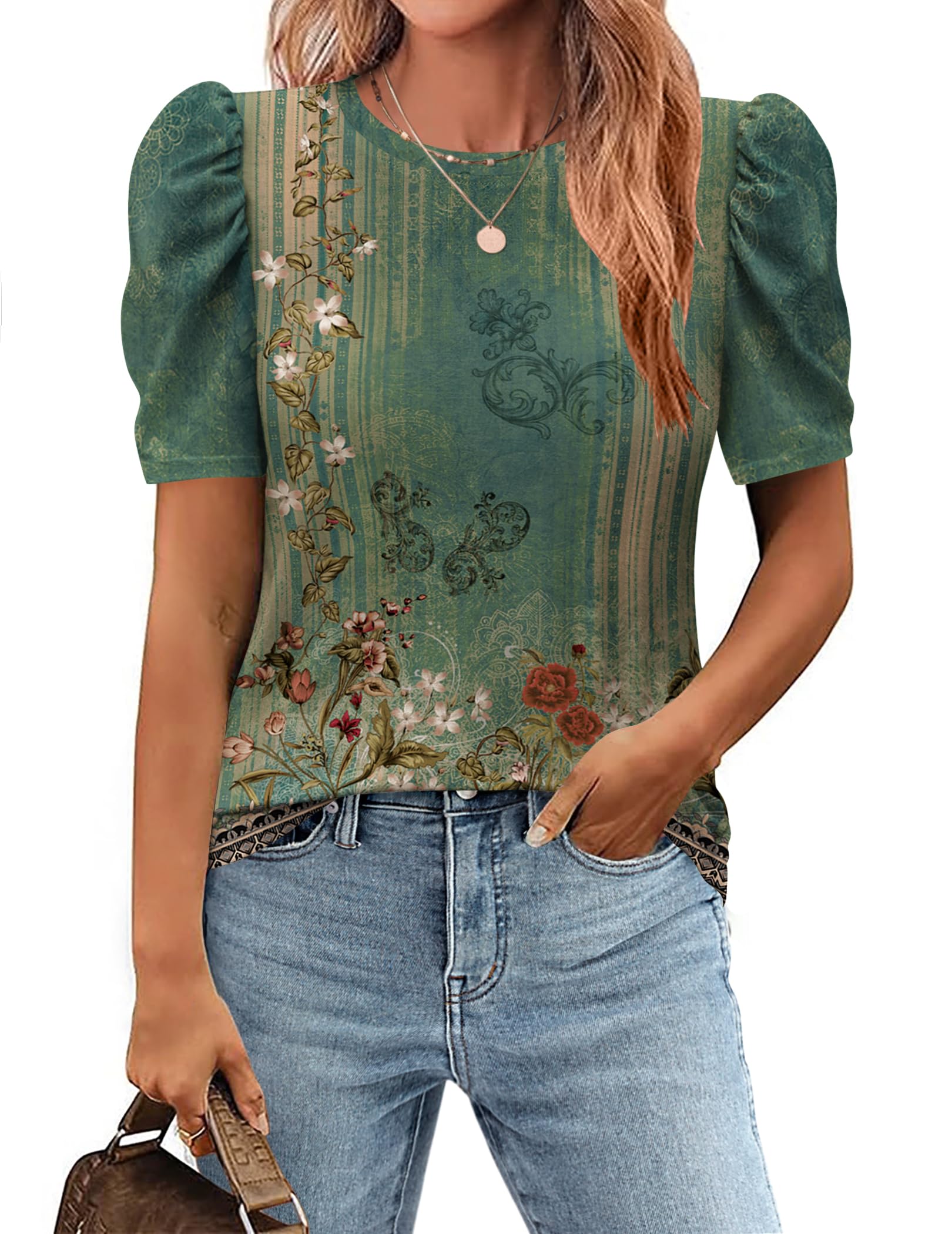 Zeagoo Blouse for Women Dressy Casual Puff Short Sleeve Boho Tops Fashion Floral Crew Neck Tunic Shirts Summer Clothes