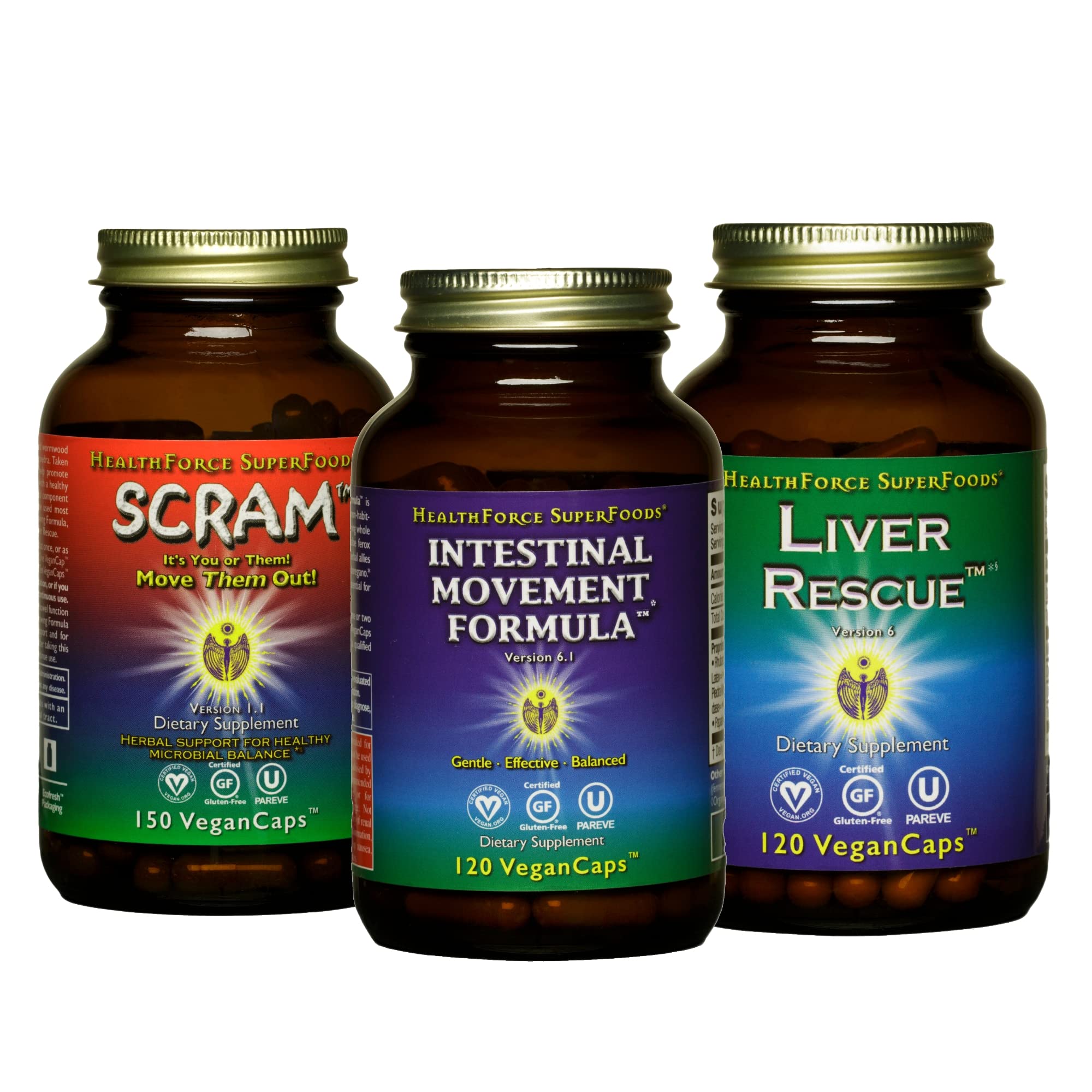 HealthForce SuperFoods - Variety Pack - Liver Rescue 120 VeganCaps + Scram 150 VeganCaps + Intestinal Movement Formula 120 VeganCaps - Three All-Natural Supplements