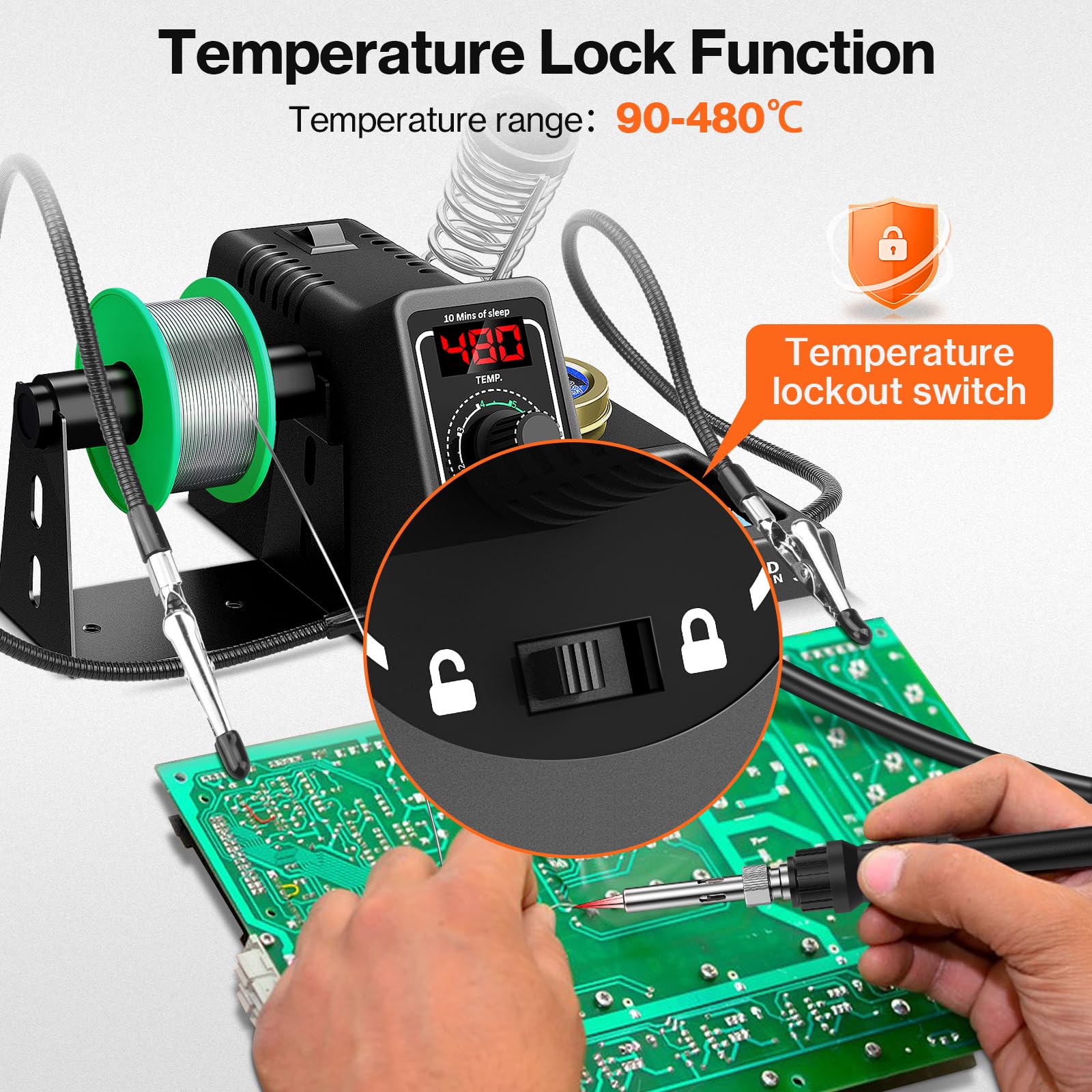 Preciva 926 LED Fer a Souder, 90℃-480℃ Station de Soudage avec 2 Pinces Auxiliaire, 130W Affichage Numérique Etain a Souder, Mode Veille Automatique, Verrouillage de la Température, avec 5 Conseils