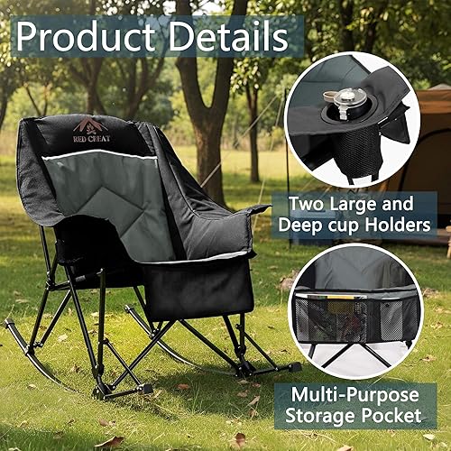 Miniatura 7 de Mecedora de gran tamaño para campamento, resistente, XL para adultos al aire libre, silla mecedora plegable acolchada con respaldo alto, grande y