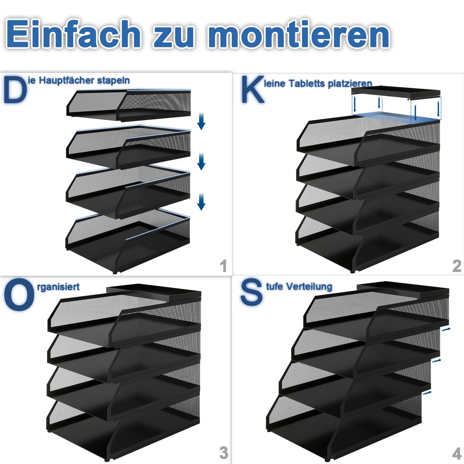 PUNCIA Dokumentenablage A4 Briefablage aus Metall Stapelbar mit Stiftablage | Papierablage 4 Ablagefächer Aktenablage Dokumentenhalter Aktenaufbewahrung Schreibtisch Organizer für Büro Schule Schwarz