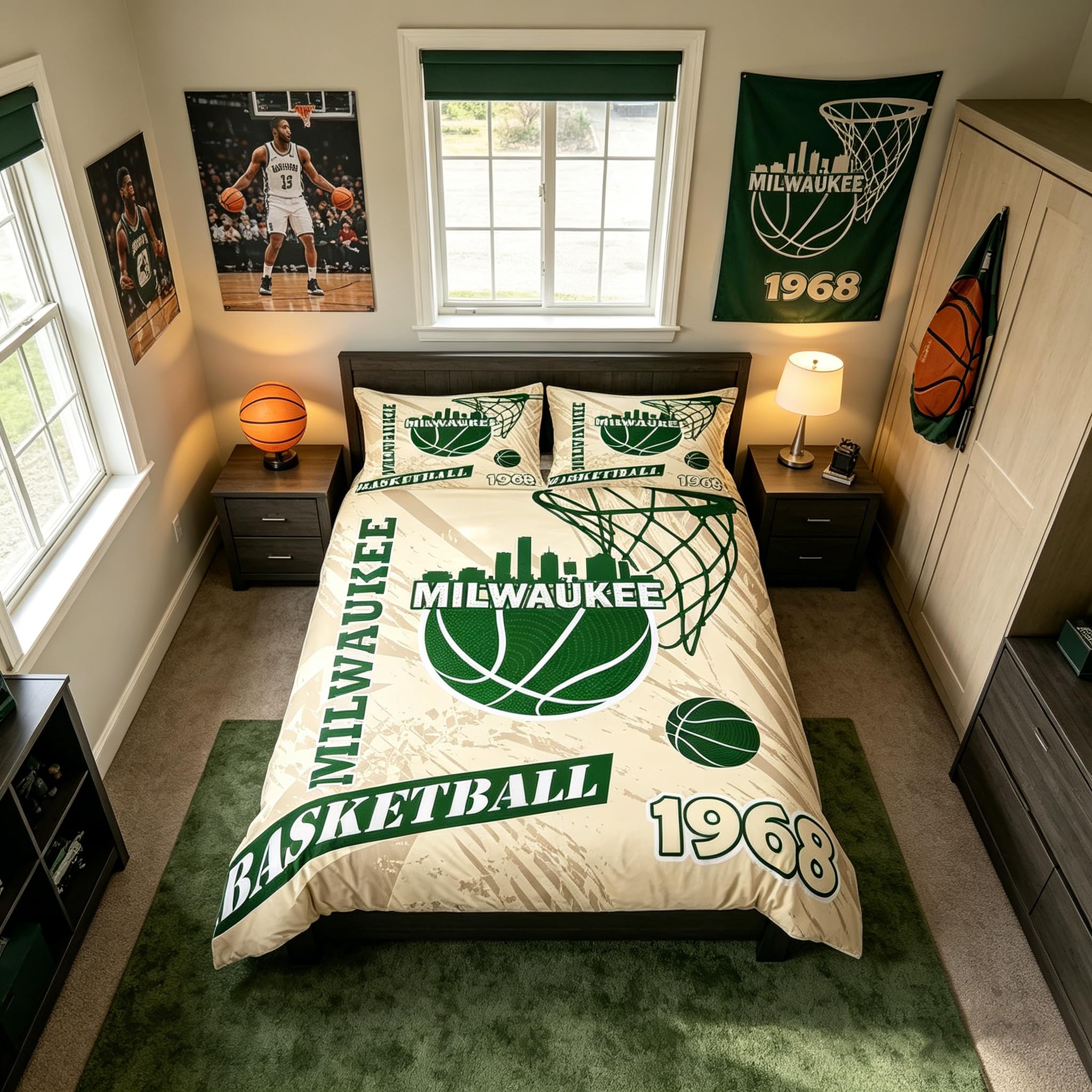 Housse de couette Milwaukee vert kaki pour chambre de jeune fan de basket