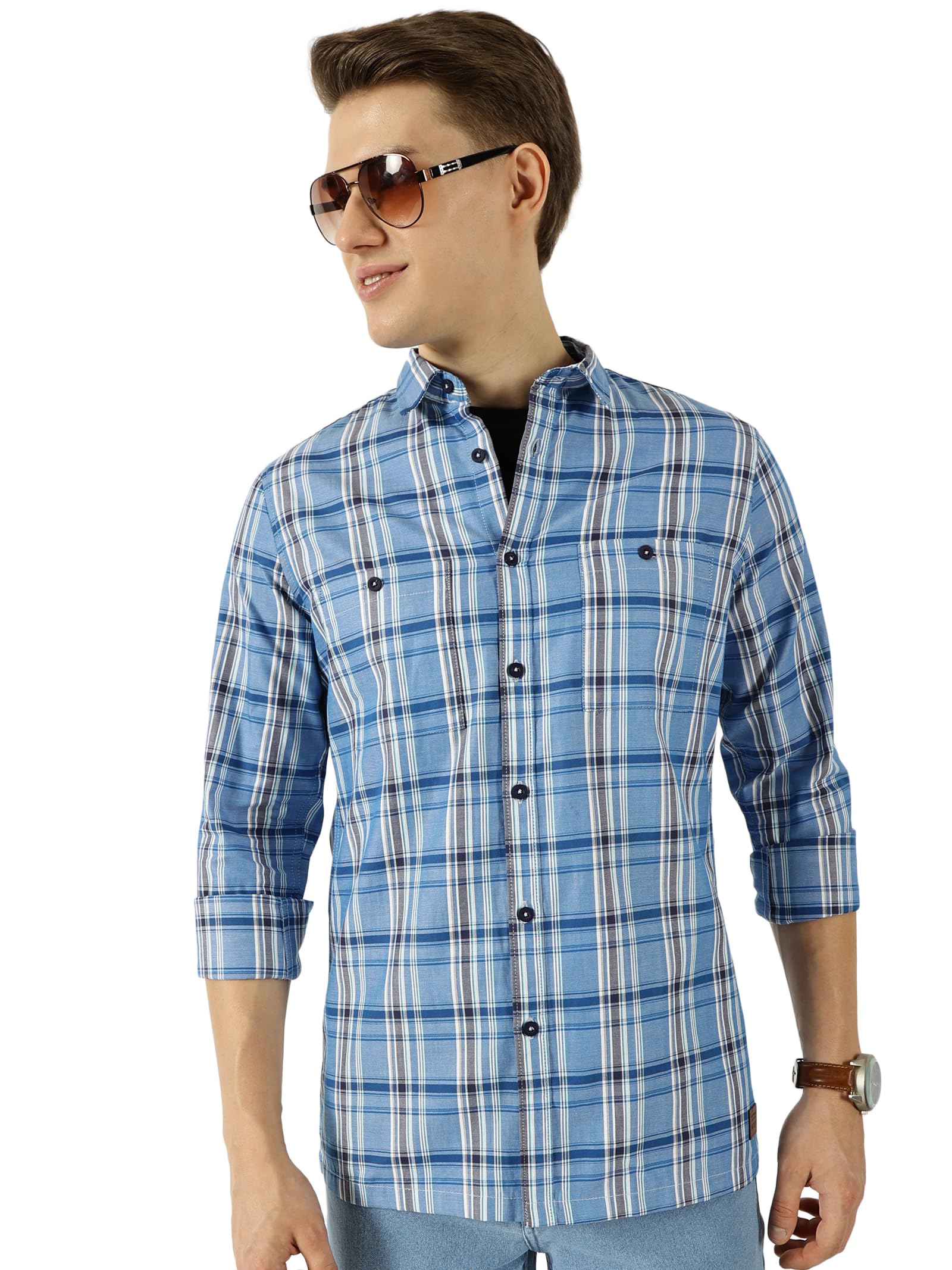Men’s Classic Spread Collar Checked Cotton Shirt-image-1
