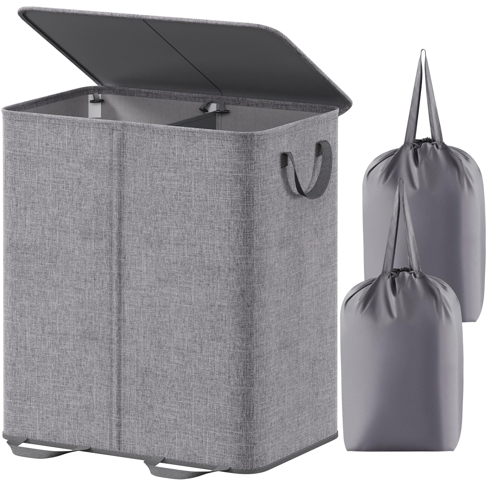 Lifewit Double Laundry Hamper with Lid and Removable Laundry Bags, Large Collapsible 2 Dividers Dirty Clothes Basket with Handles for Bedroom, Laundry Room, Closet, Bathroom, College, 155L Gray — image 1