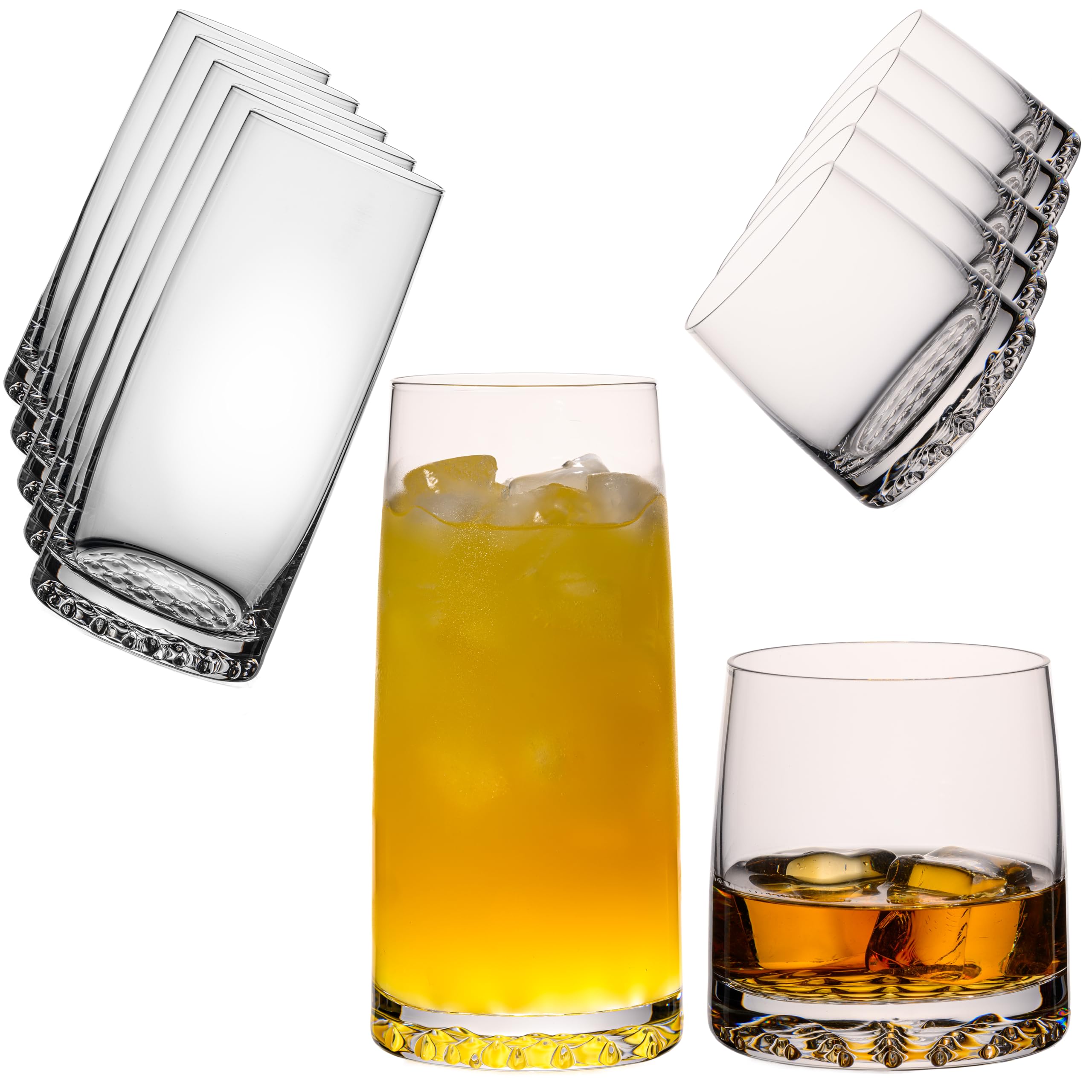 Juego de 12 vasos de agua y zumo de cristal Crystalline de 530 ml/380 ml – Serie Faro, base estructurada, apto para lavavajillas