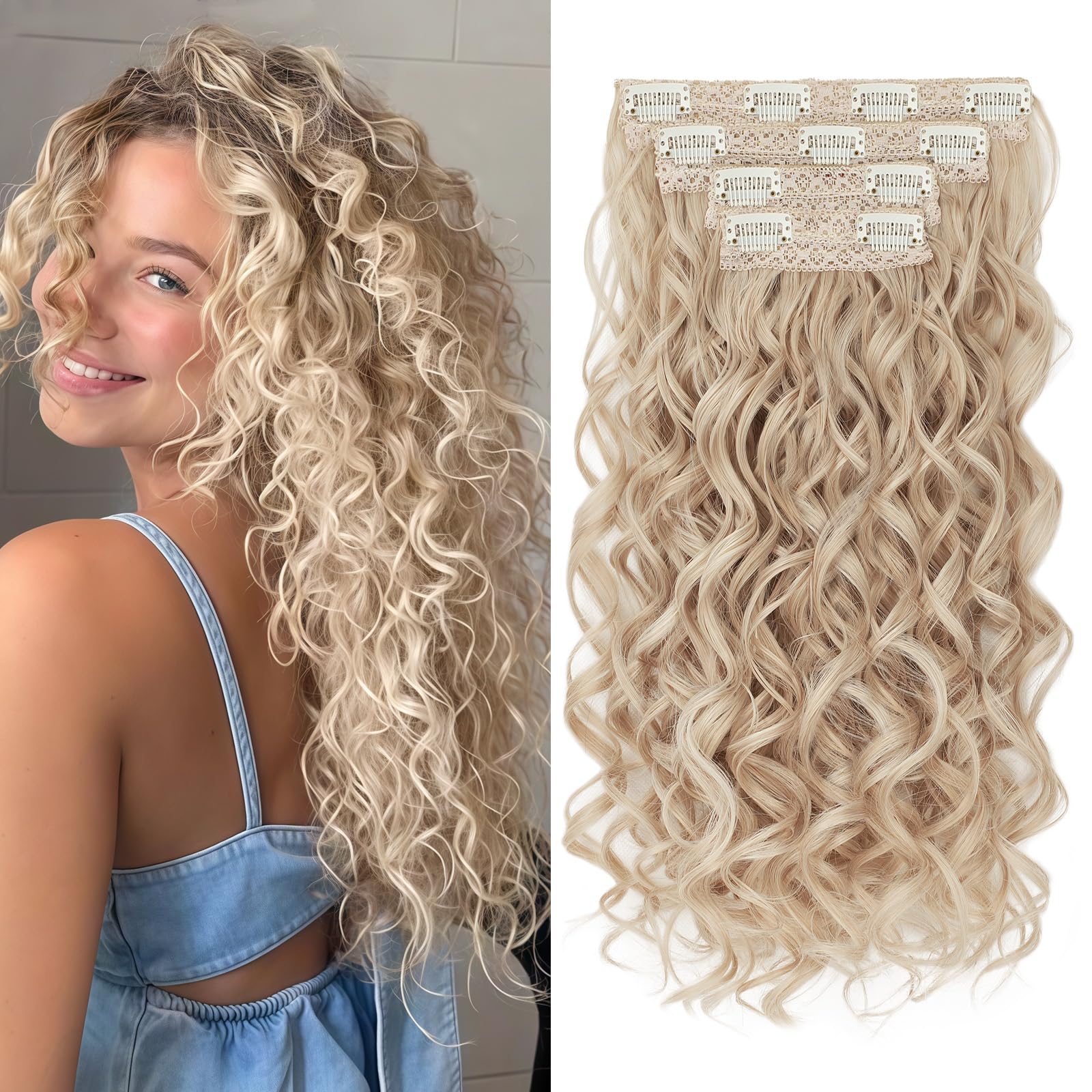 Photo 1 of Flvaco Curly Clip In Hair Extensions, 4PCS 20 Inch Honey Blonde Mixed Extensions Clip Ins, Lace Weft Short Curly Invisible Natural Hairpieces for Women