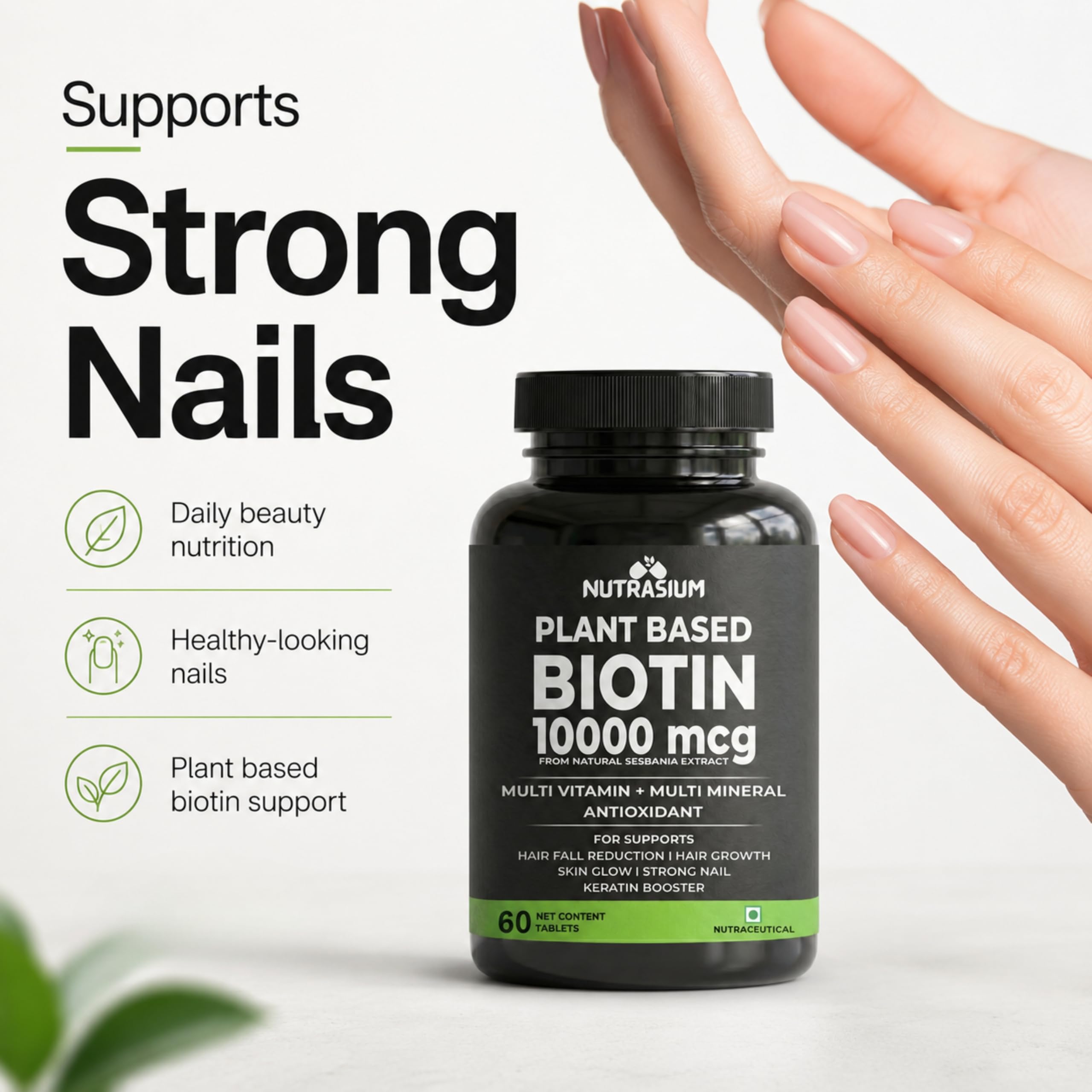 Nutrasium Biotin 10,000 mcg with multivitamin & Minerals | For supports Hair Growth | For Control Hair fall, Hair damge & Hair splitting | 120 tablets 1