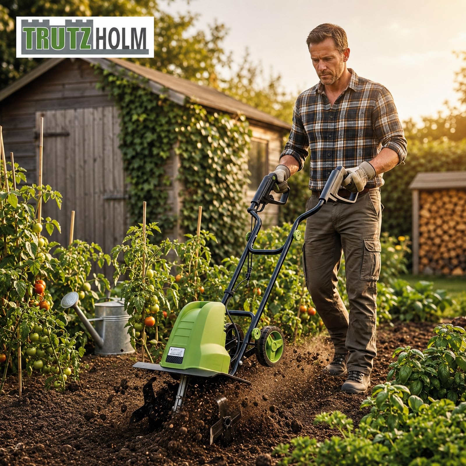 TRUTZHOLM Elektro-Bodenhacke 24 Stahlmesser 45cm breit 22 cm tief 1500W Netzbetrieb Transporträder klappbar Gartenfräse zur Bodenbearbeitung