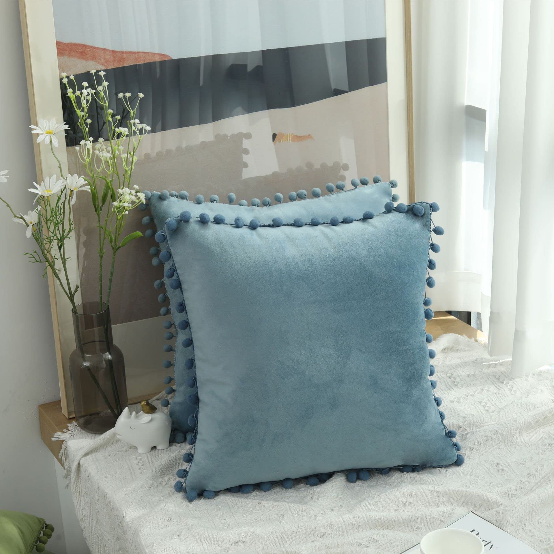Hediloo Cushion Covers Pack of 2 Soft Velvet Throw Pillow Cases with Pom Pom Invisible Zip for Sofa Chair Living Room (Denim Blue, 45 * 45cm) โ image 1