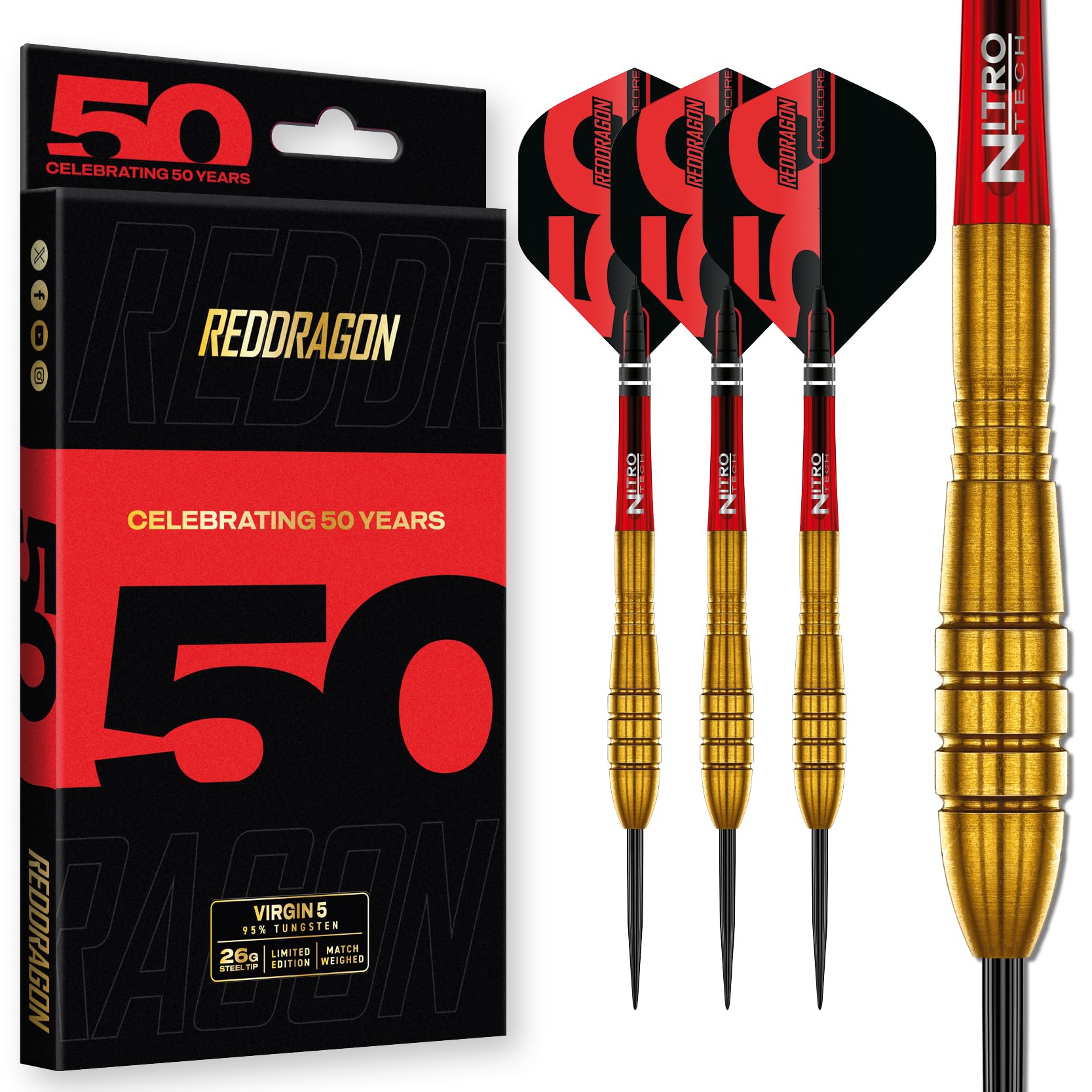 RED DRAGON DARTS - 50 Year Classics Collection - Virgin 5-26g - 95% Tungsten - Professional Steel Tip Darts Set - Includes Dart Flights & Dart Stems (Shafts)