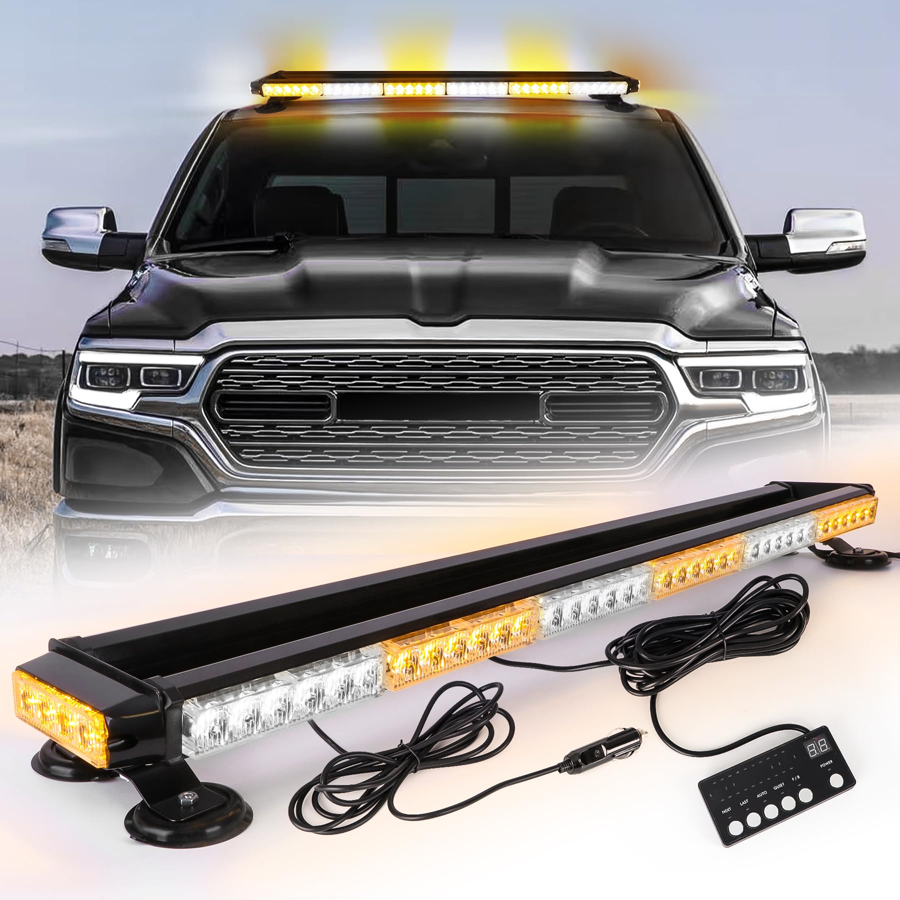 ROUTEKING 95cm 80LED Rundumleuchte Blinklicht - 12/24V Blitzleuchte Amber Warnleuchte Magnetische Notfallblinklampe für Truck Traktor Emergency KFZ LKW (Gelb/Weiß)