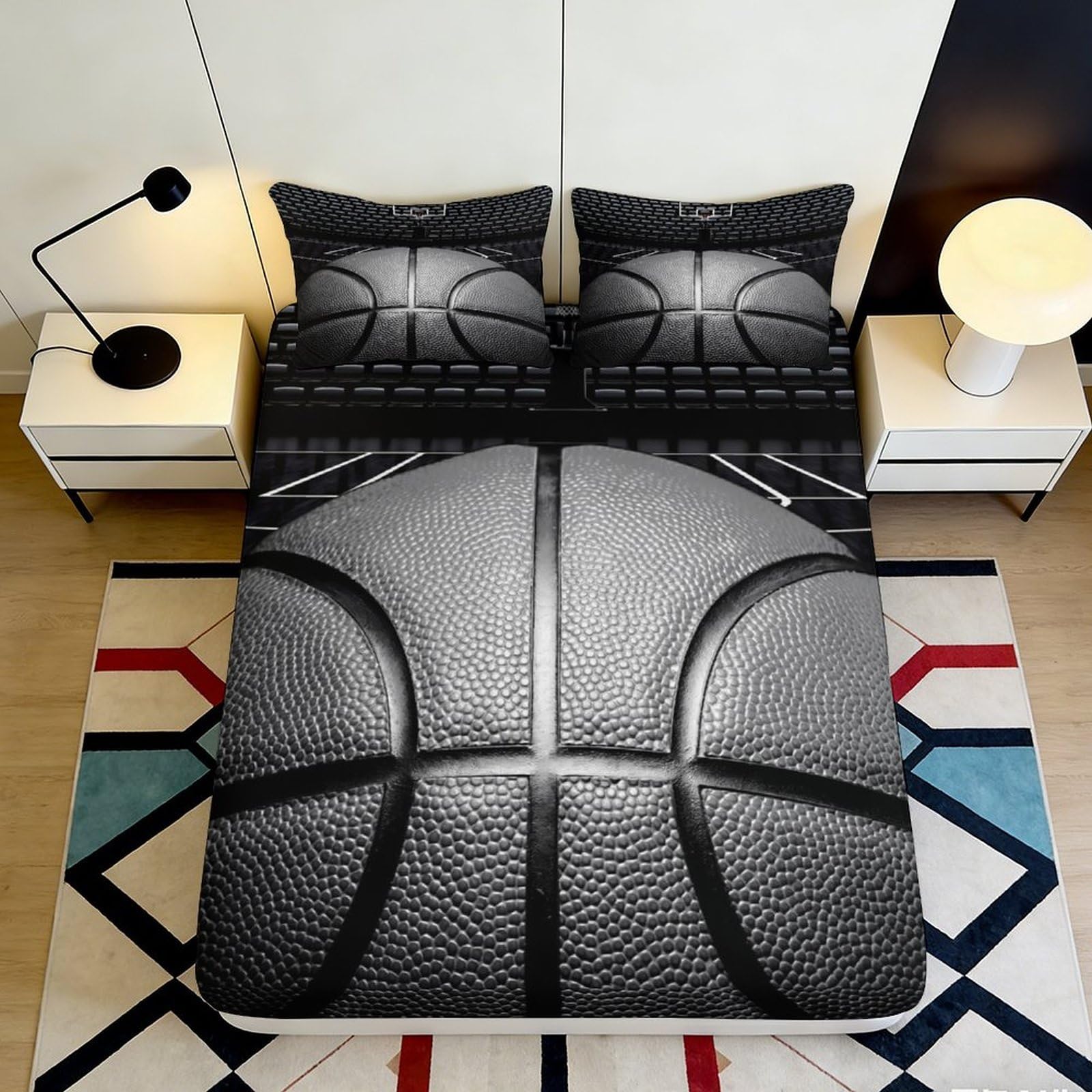 3D Printed Basketball Court Fitted Sheet Microfiber Non-Slip Sports Ball Bed Cover for Bedroom Dorm Protection Decor 90x200x25cm